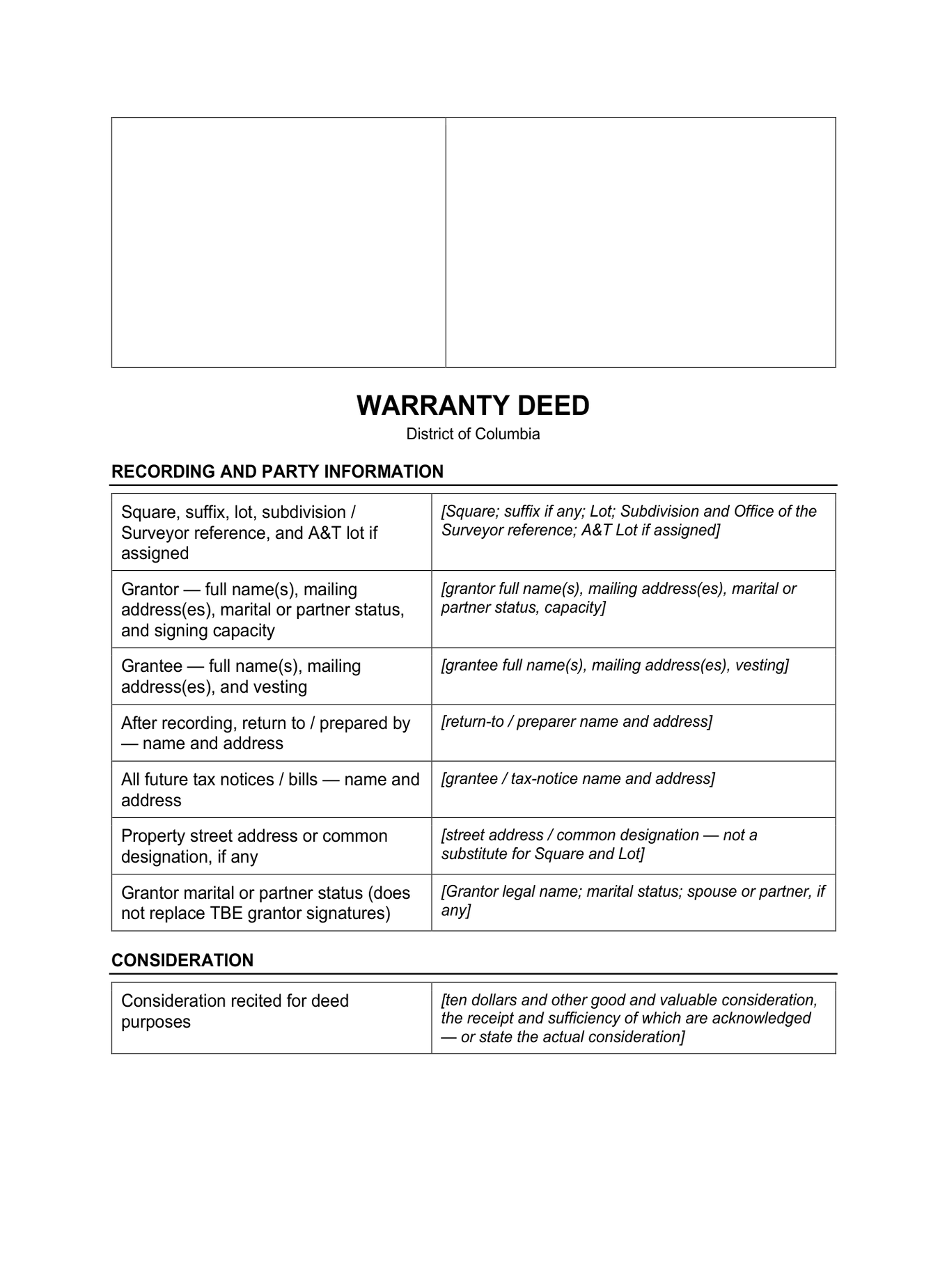 Page 1 of the blank District of Columbia Warranty Deed included in the download
