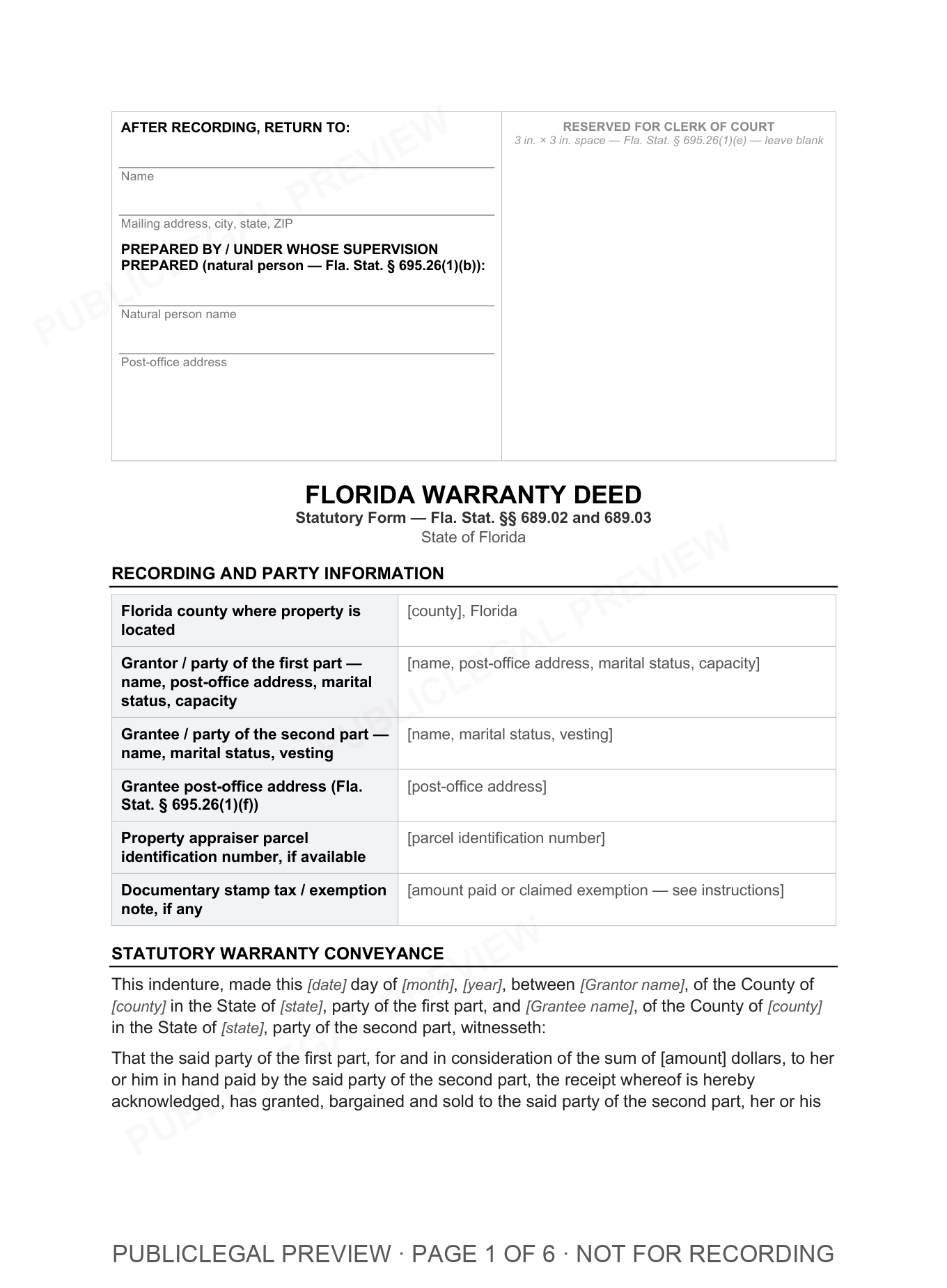 Page 1 of the blank Florida Warranty Deed included in the download
