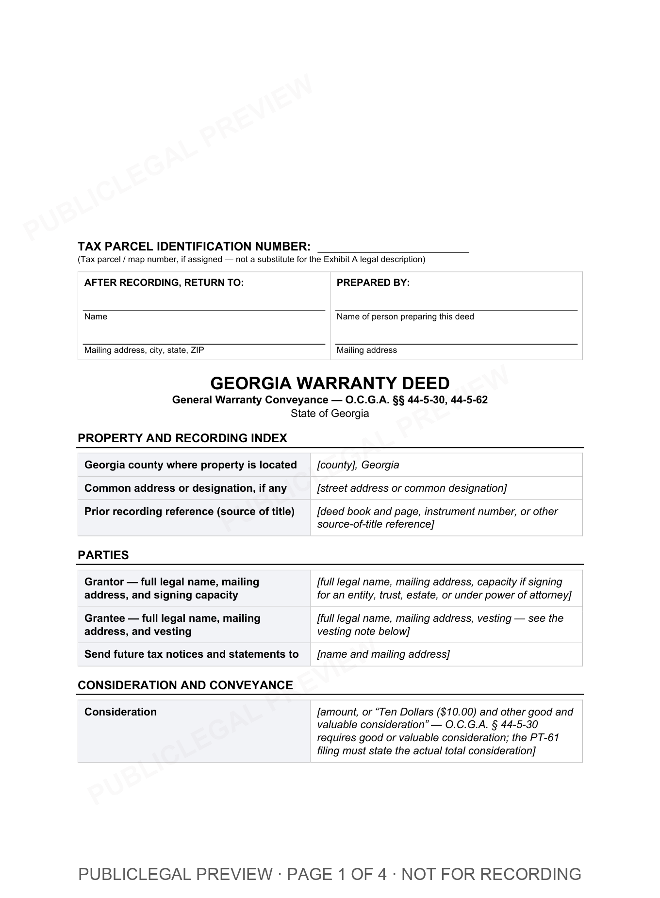 Page 1 of the blank Georgia Warranty Deed included in the download