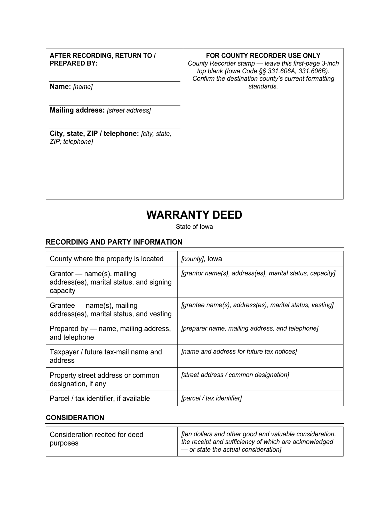 Page 1 of the blank Iowa Warranty Deed included in the download