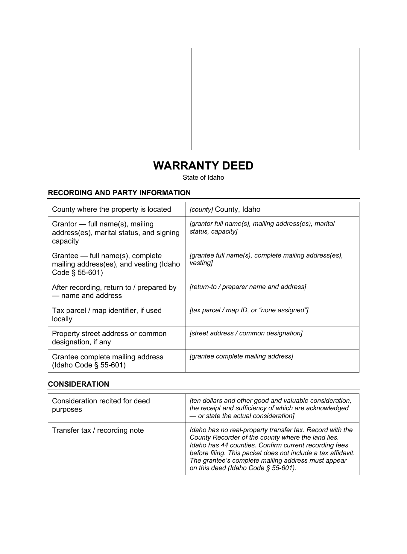 Page 1 of the blank Idaho Warranty Deed included in the download