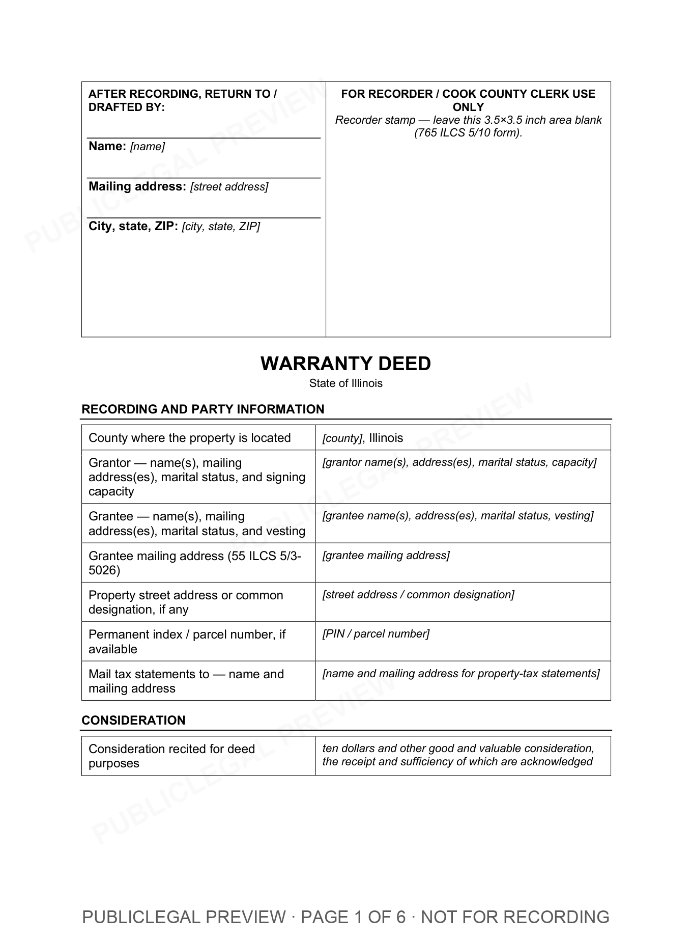 Page 1 of the blank Illinois Warranty Deed included in the download