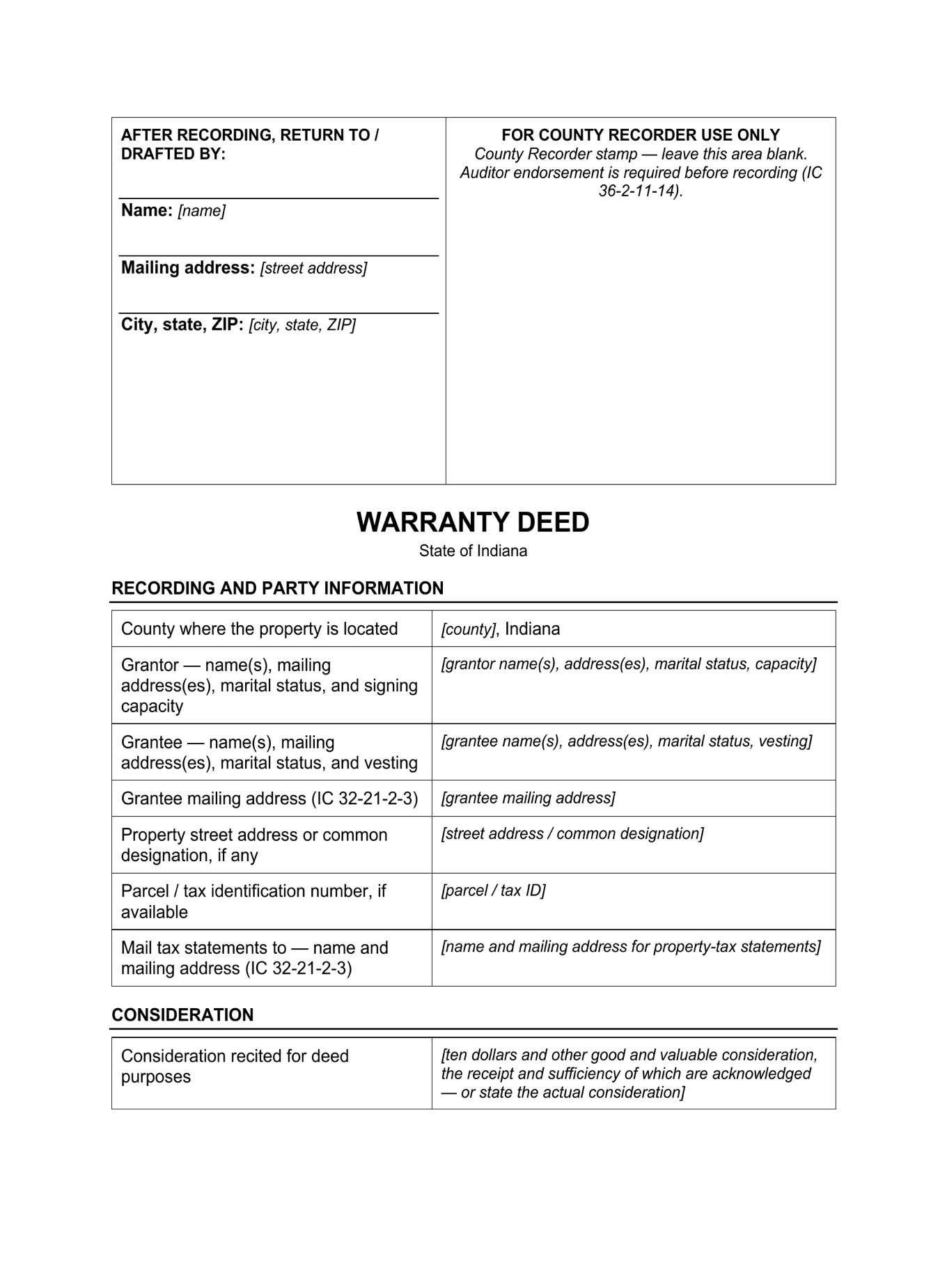 Page 1 of the blank Indiana Warranty Deed included in the download