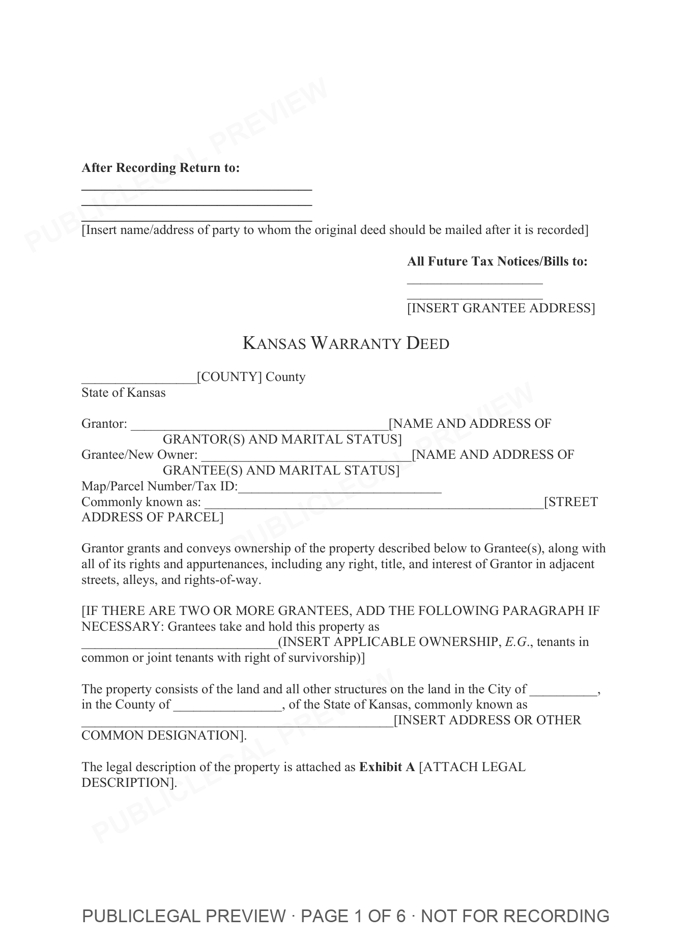 Page 1 of the blank Kansas Warranty Deed included in the download