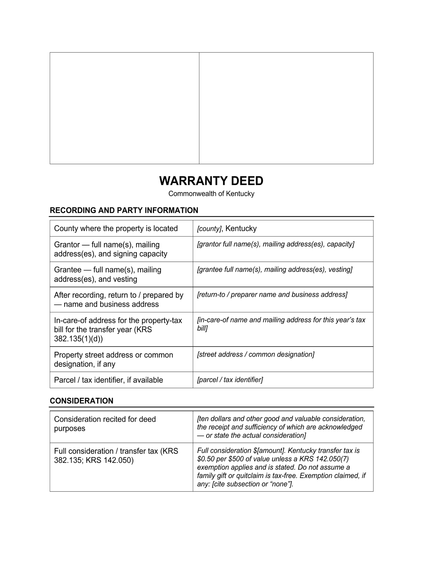 Page 1 of the blank Kentucky Warranty Deed included in the download