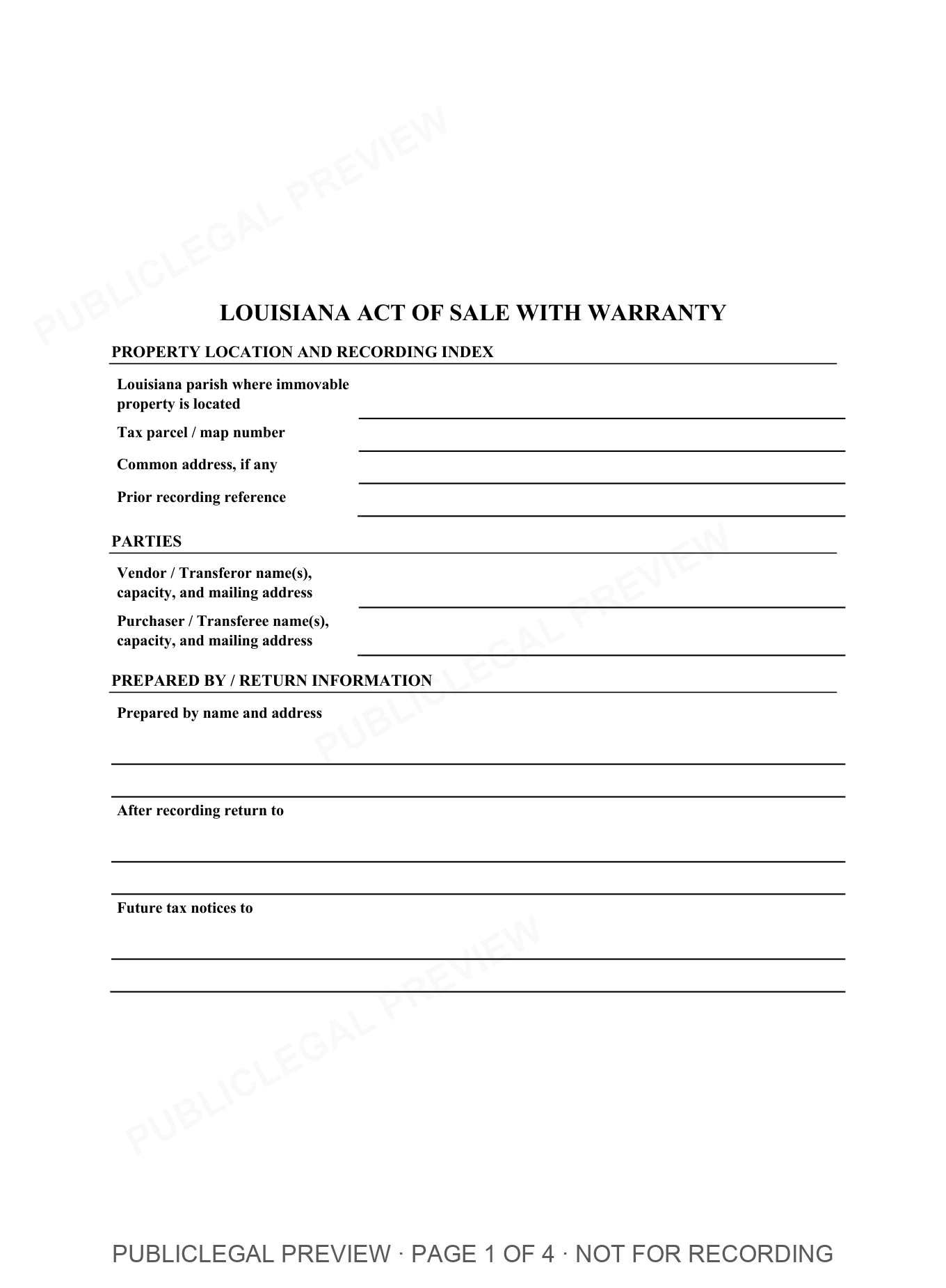 Page 1 of the blank Louisiana Warranty Deed included in the download