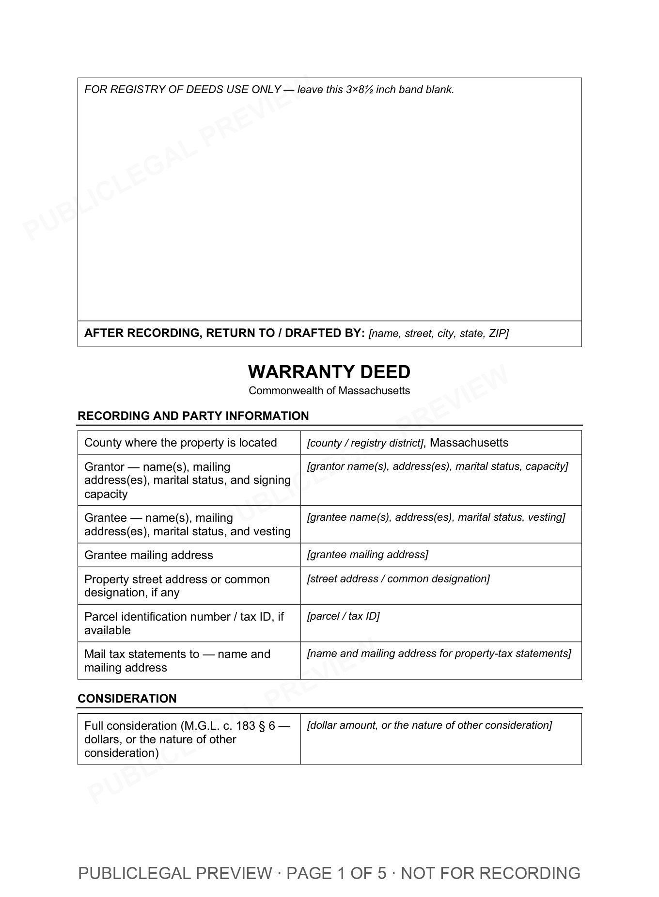 Page 1 of the blank Massachusetts Warranty Deed included in the download