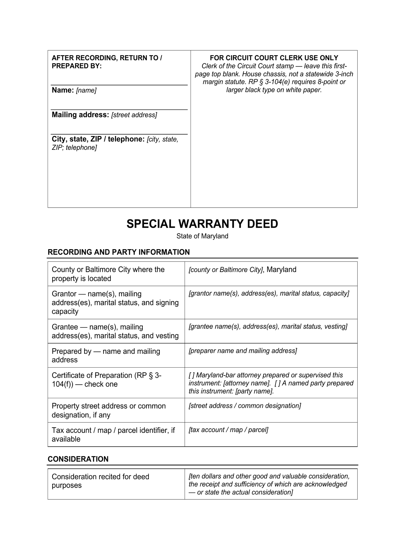Page 1 of the blank Maryland Special Warranty Deed included in the download