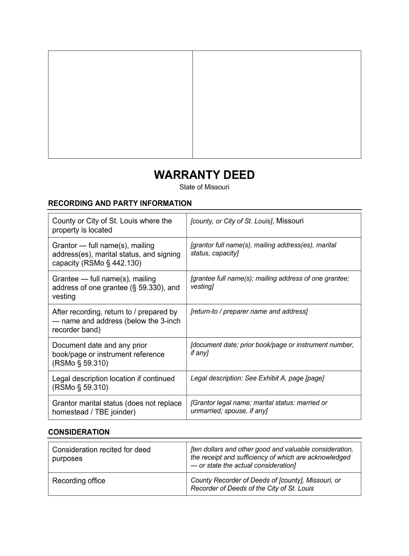 Page 1 of the blank Missouri Warranty Deed included in the download