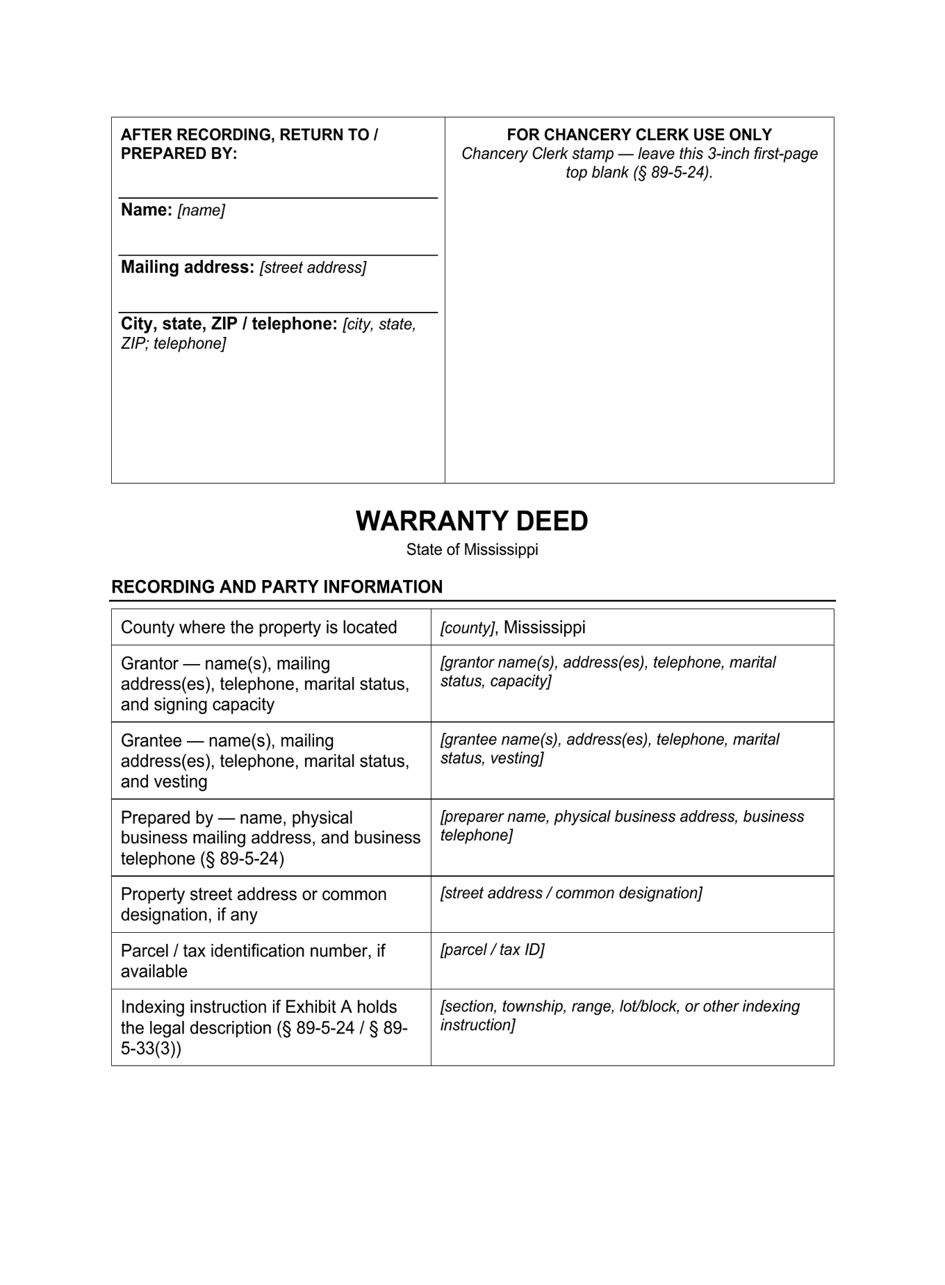 Page 1 of the blank Mississippi Warranty Deed included in the download