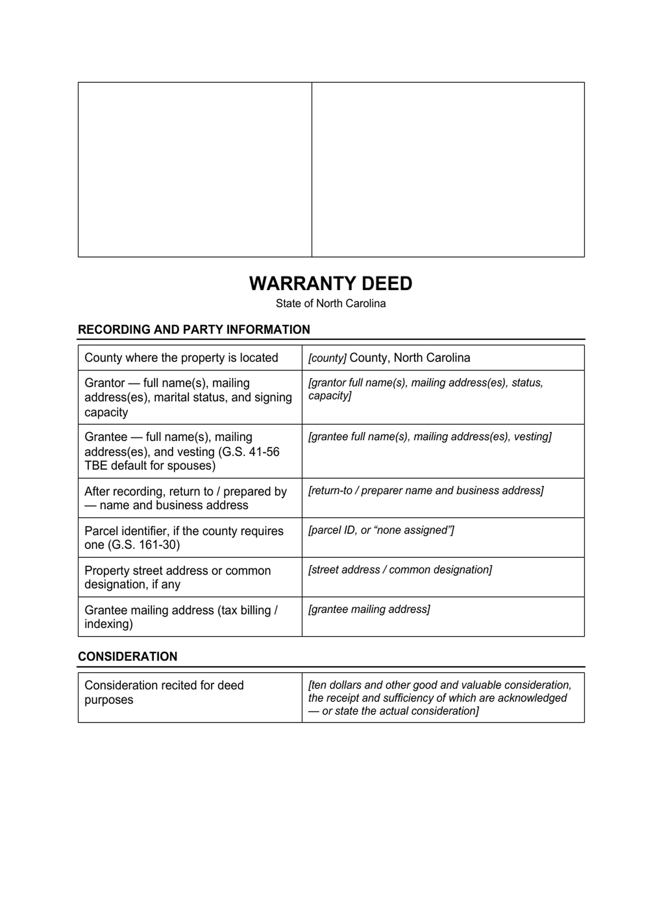 Page 1 of the blank North Carolina Warranty Deed included in the download