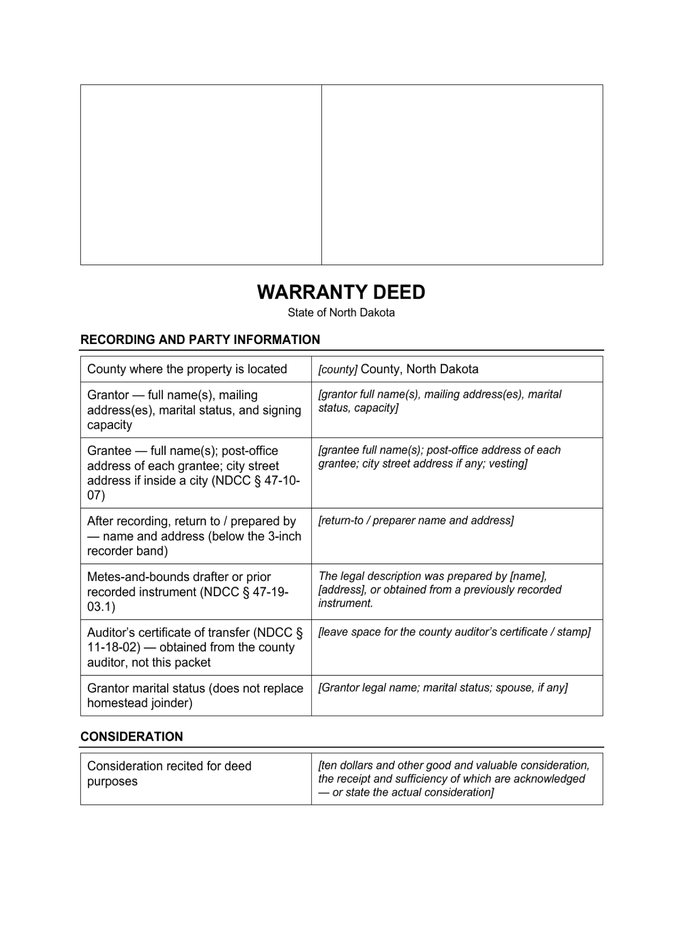 Page 1 of the blank North Dakota Warranty Deed included in the download