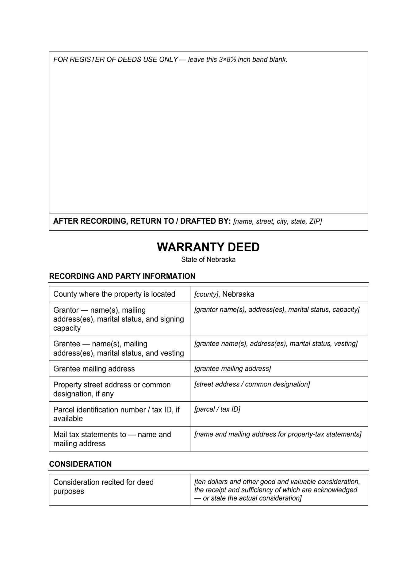 Page 1 of the blank Nebraska Warranty Deed included in the download