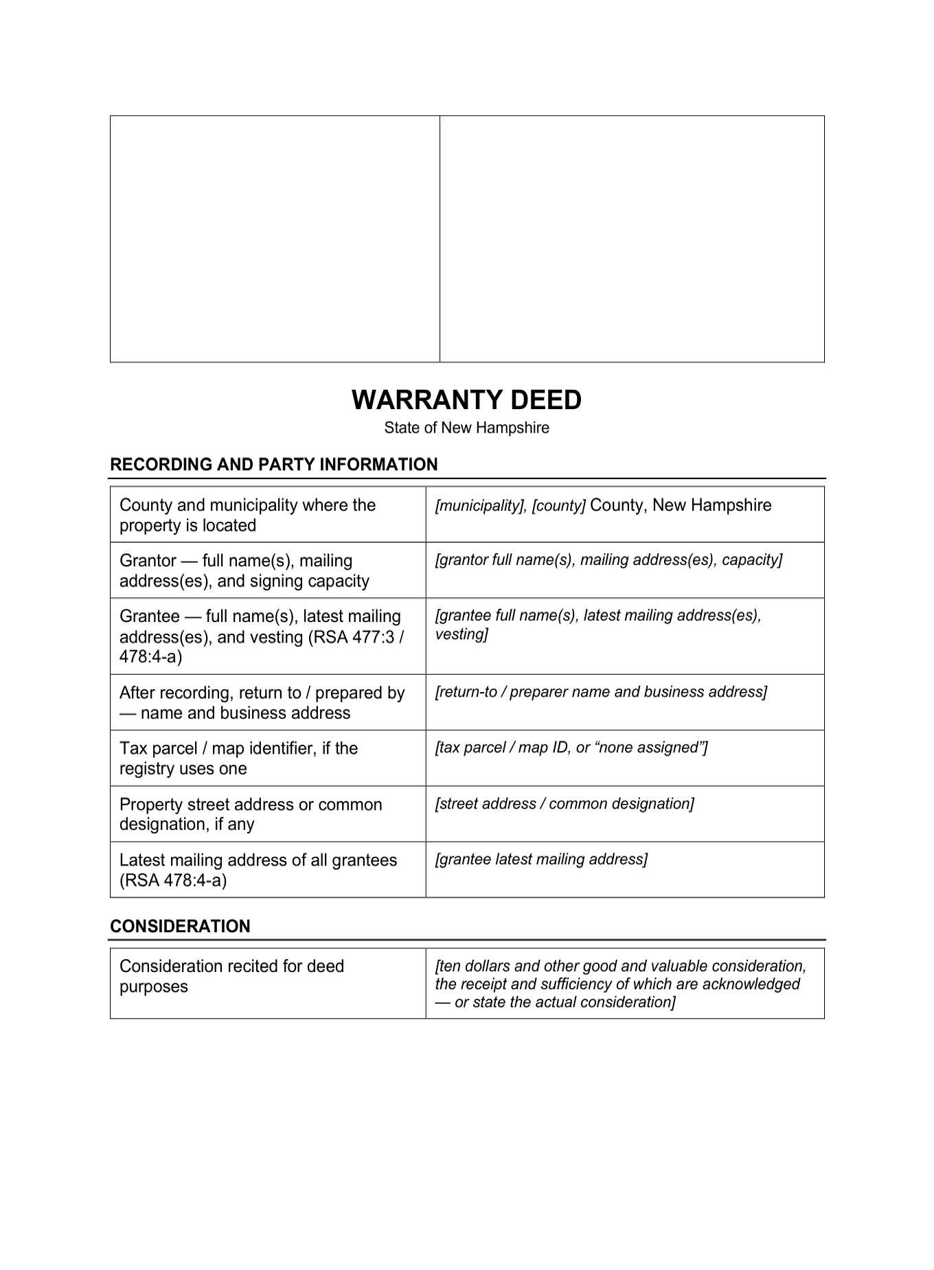 Page 1 of the blank New Hampshire Warranty Deed included in the download