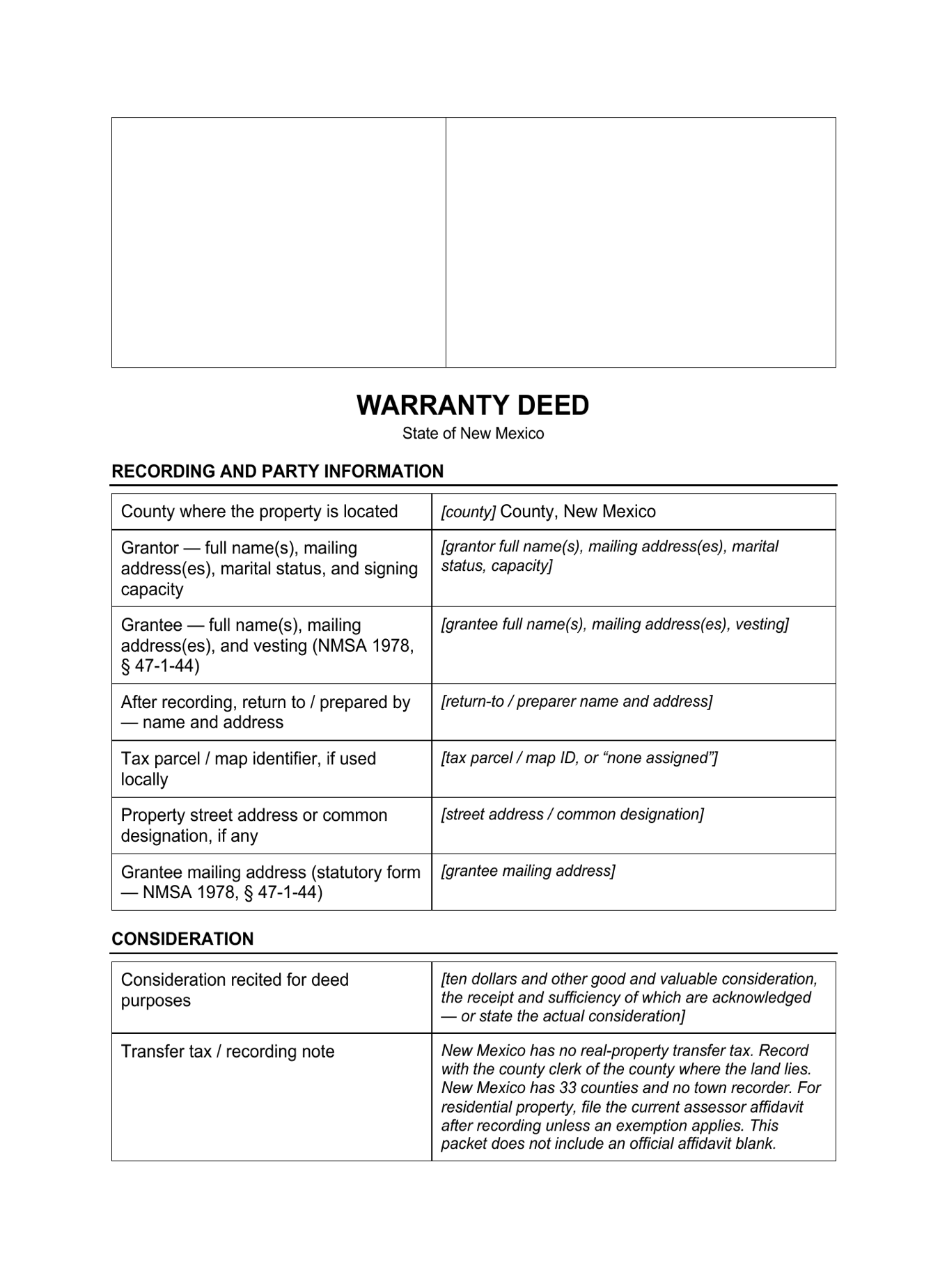 Page 1 of the blank New Mexico Warranty Deed included in the download