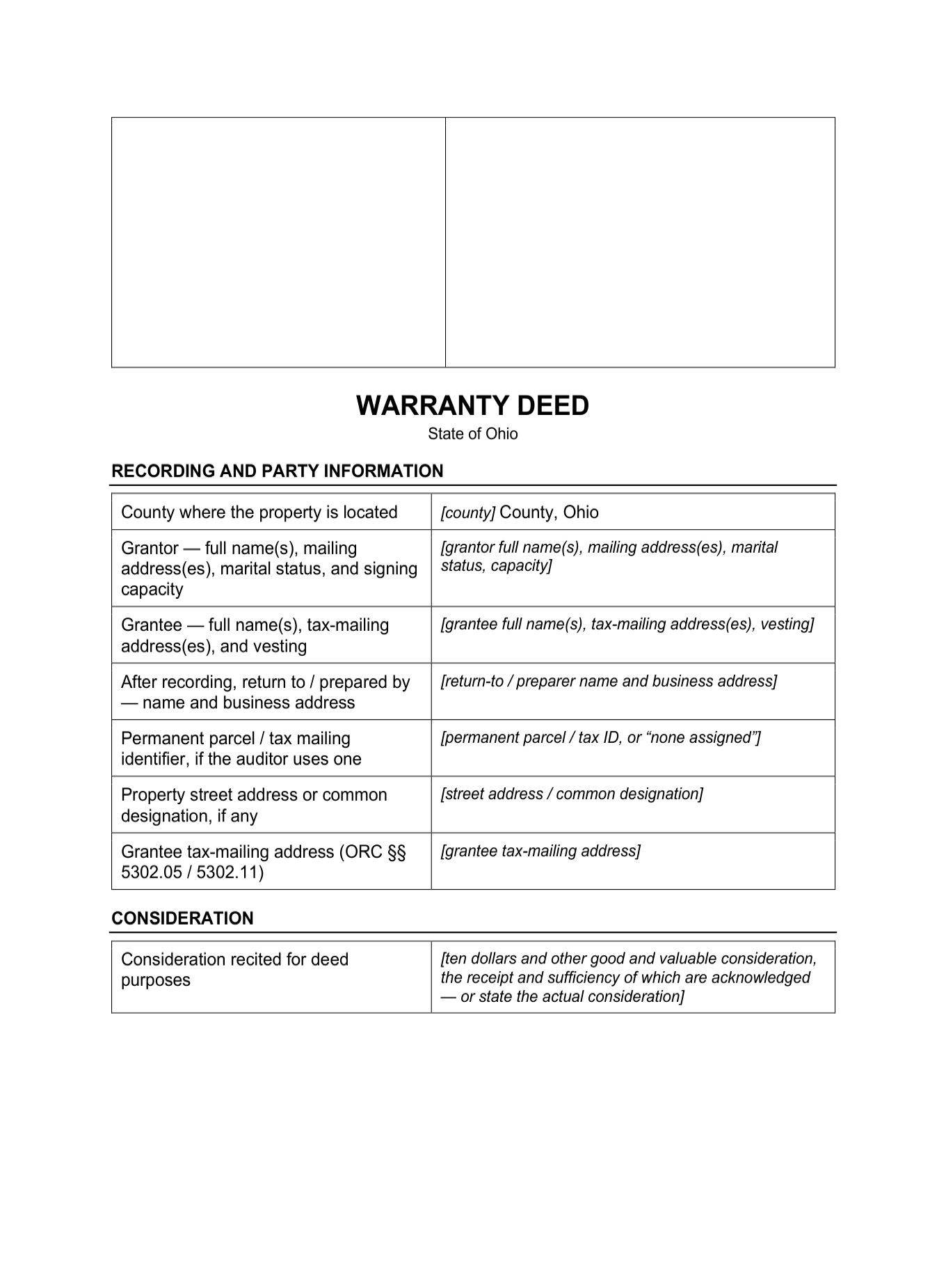 Page 1 of the blank Ohio Warranty Deed included in the download