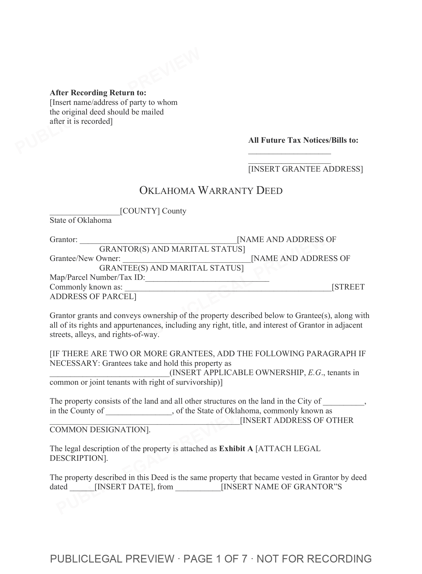 Page 1 of the blank Oklahoma Warranty Deed included in the download
