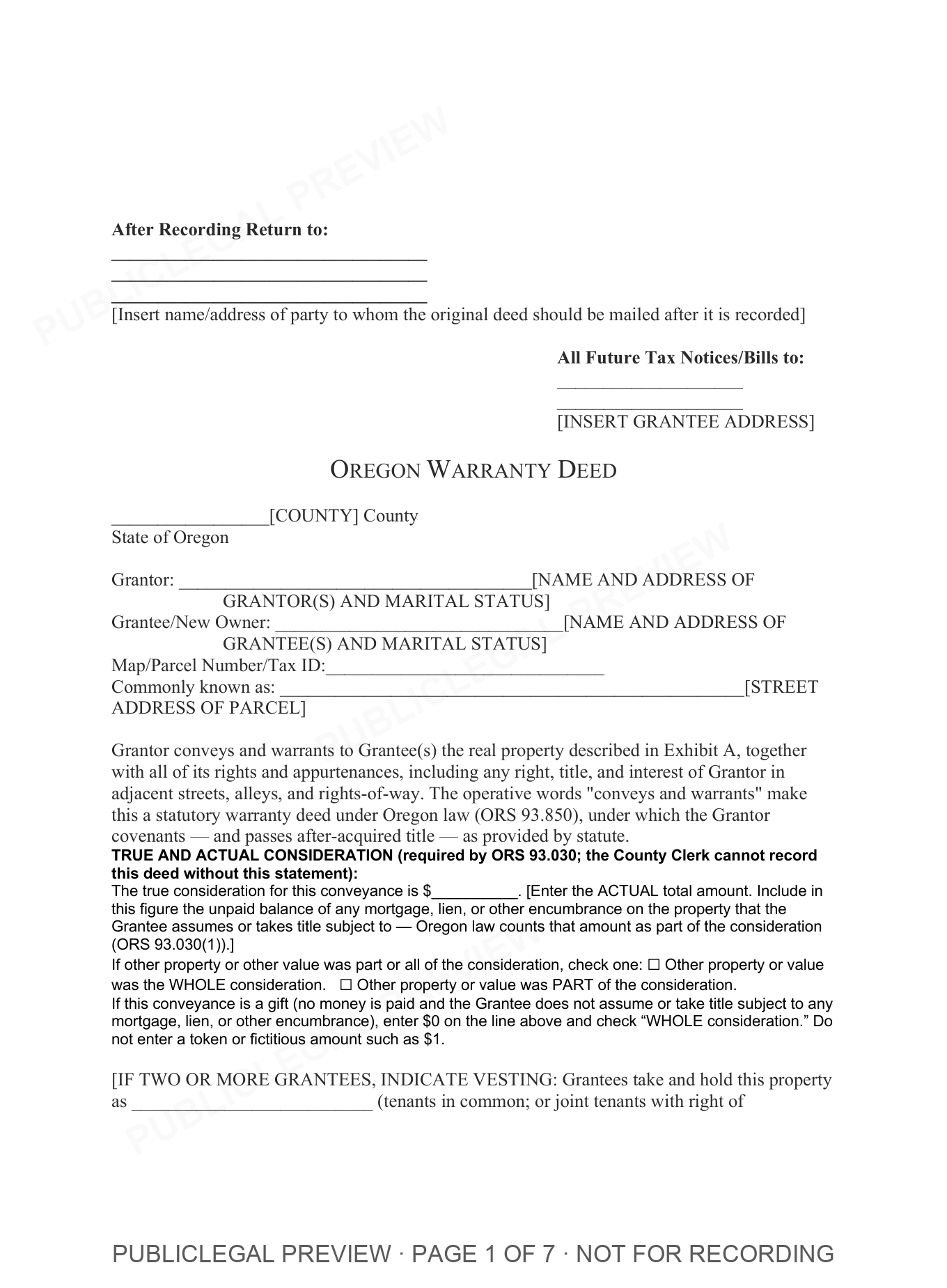Page 1 of the blank Oregon Warranty Deed included in the download
