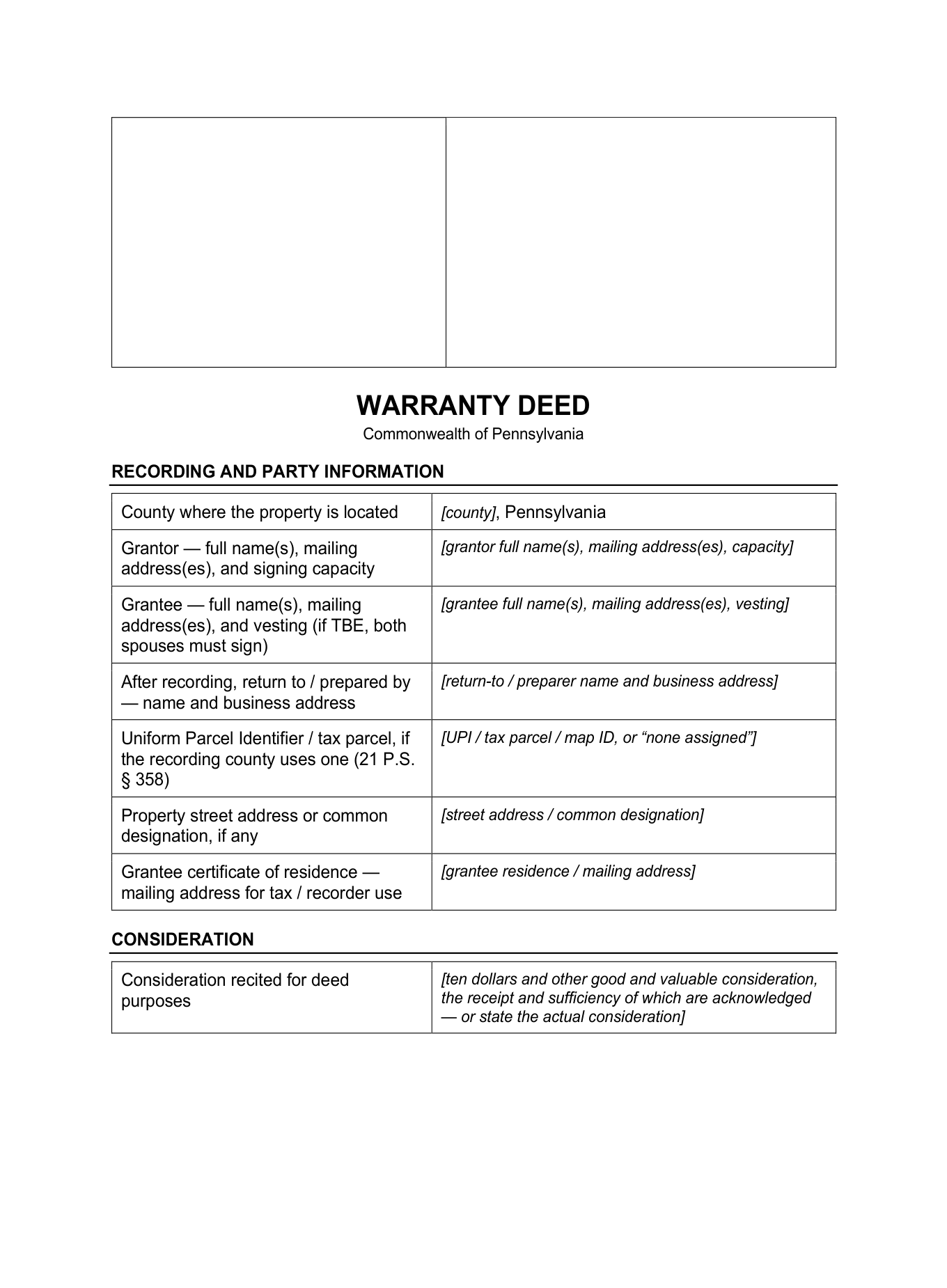 Page 1 of the blank Pennsylvania Warranty Deed included in the download