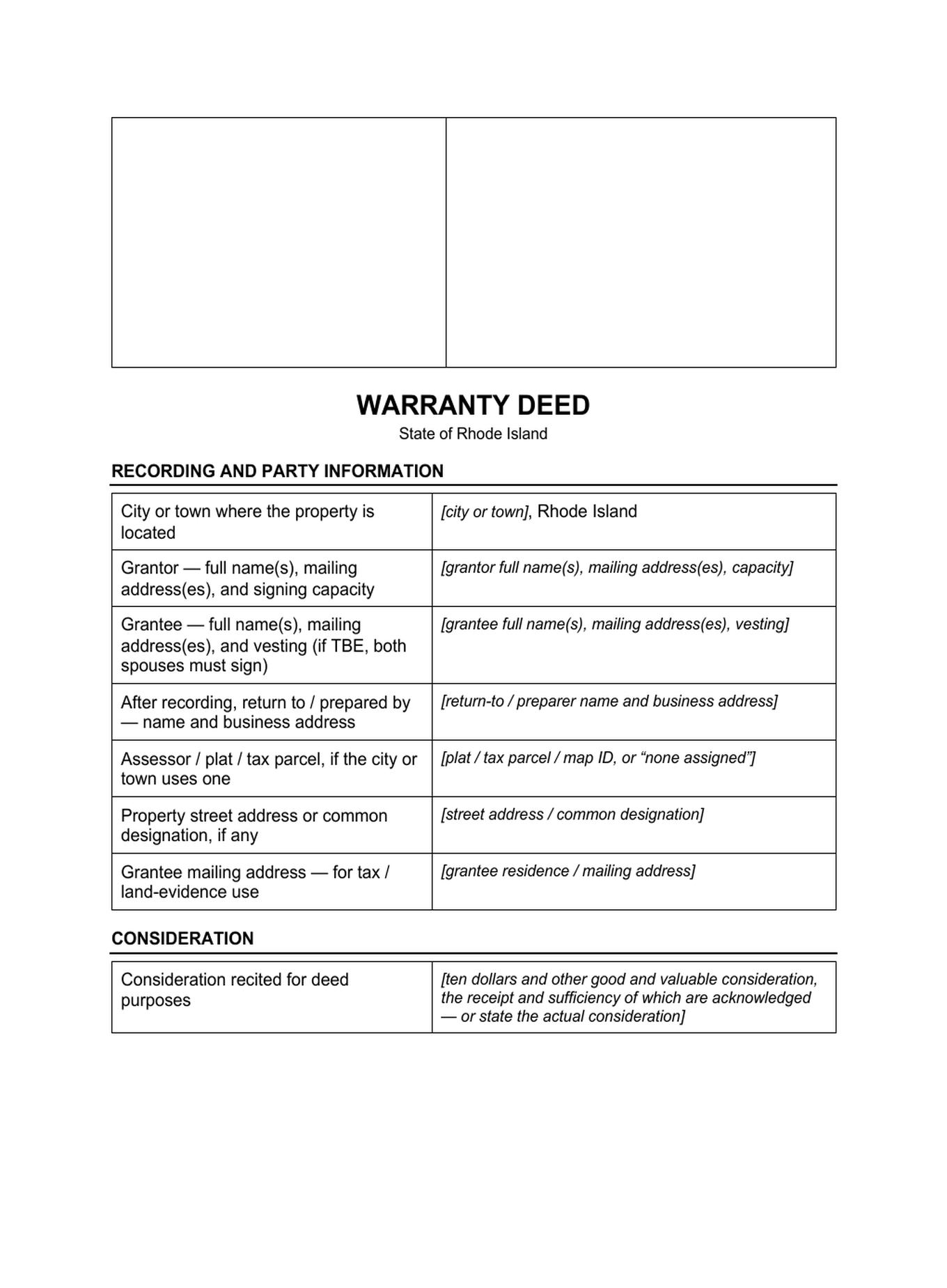 Page 1 of the blank Rhode Island Warranty Deed included in the download