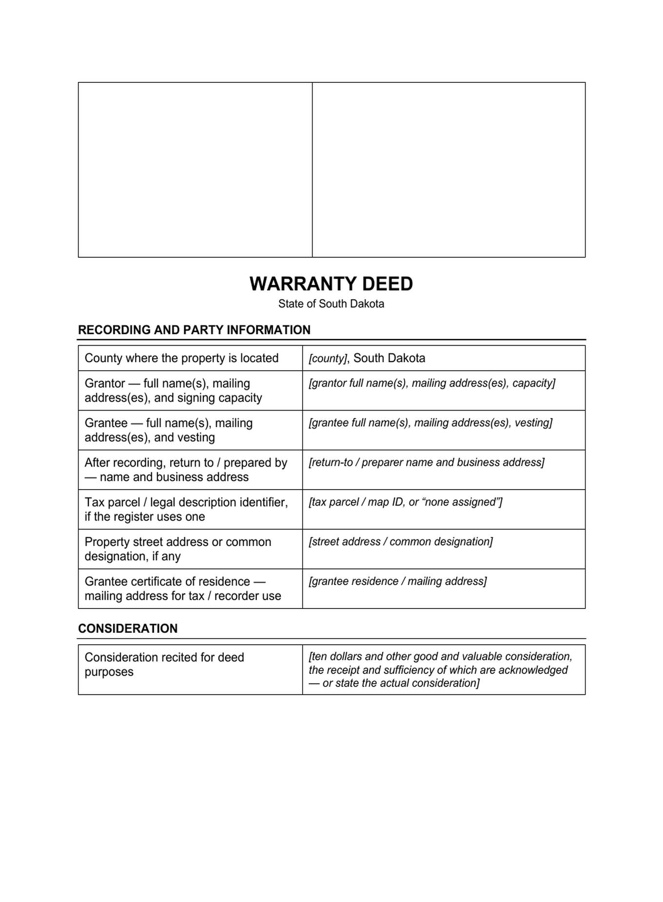 Page 1 of the blank South Dakota Warranty Deed included in the download