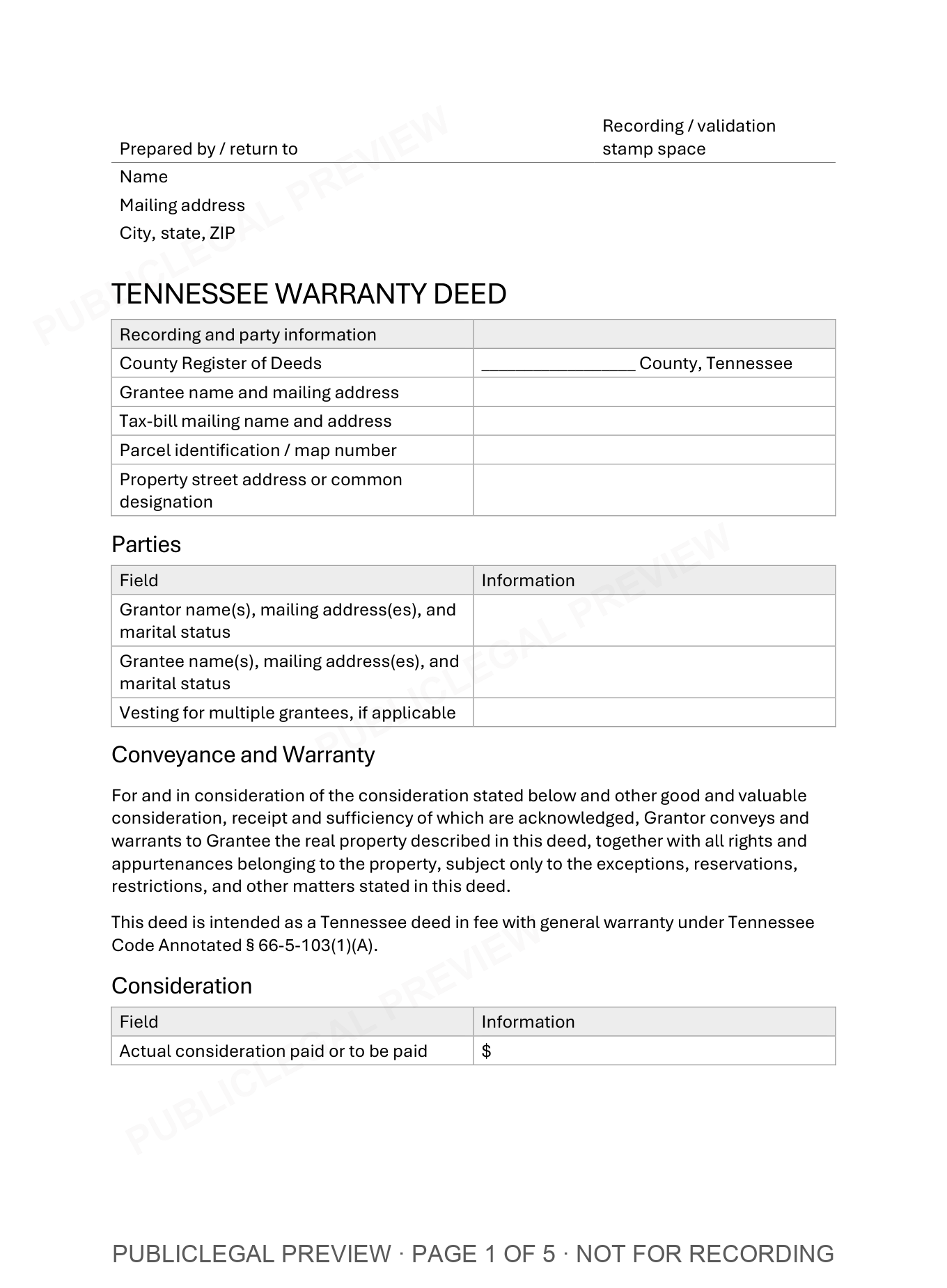 Page 1 of the blank Tennessee Warranty Deed included in the download