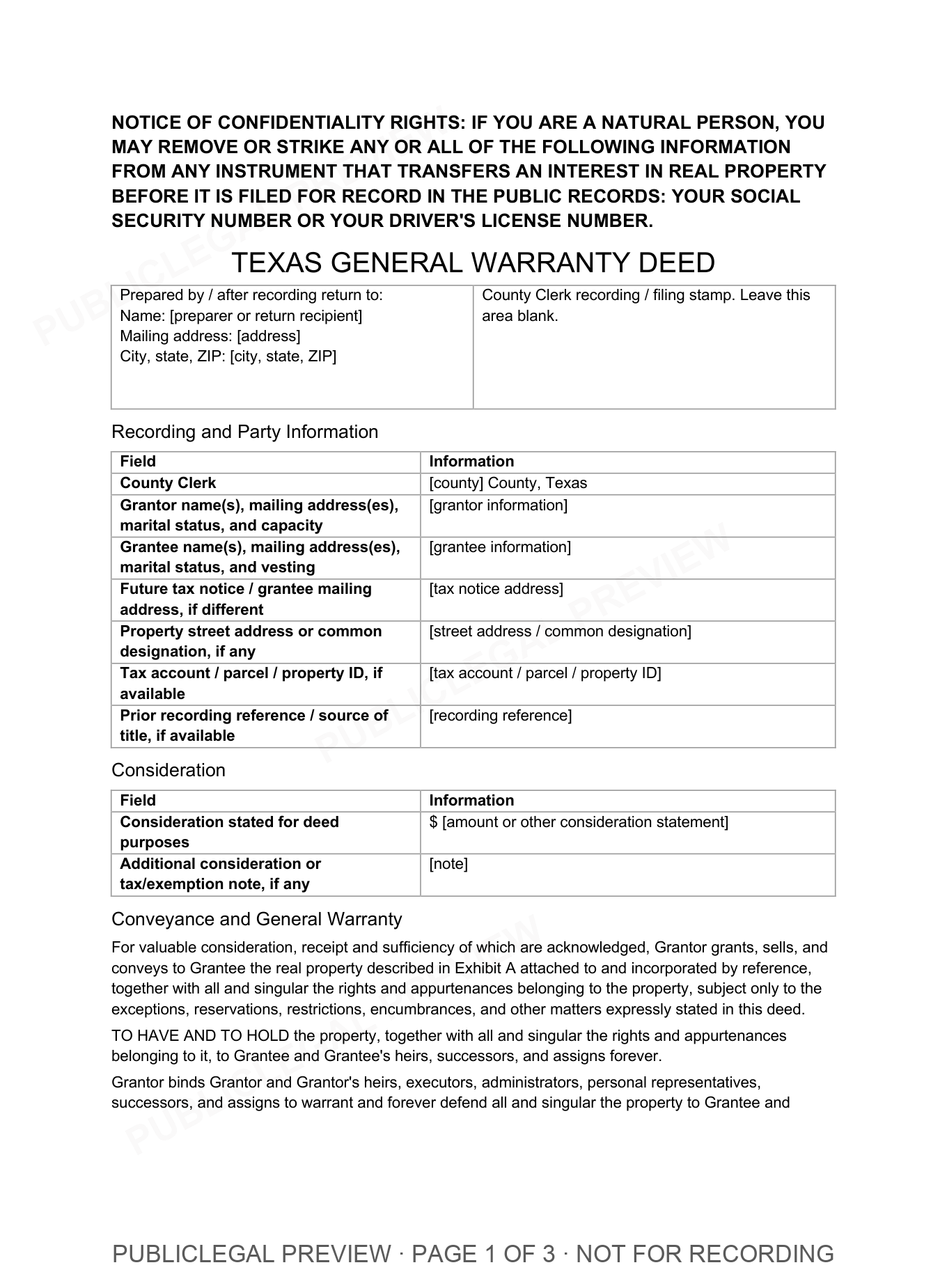 Page 1 of the blank Texas Warranty Deed included in the download