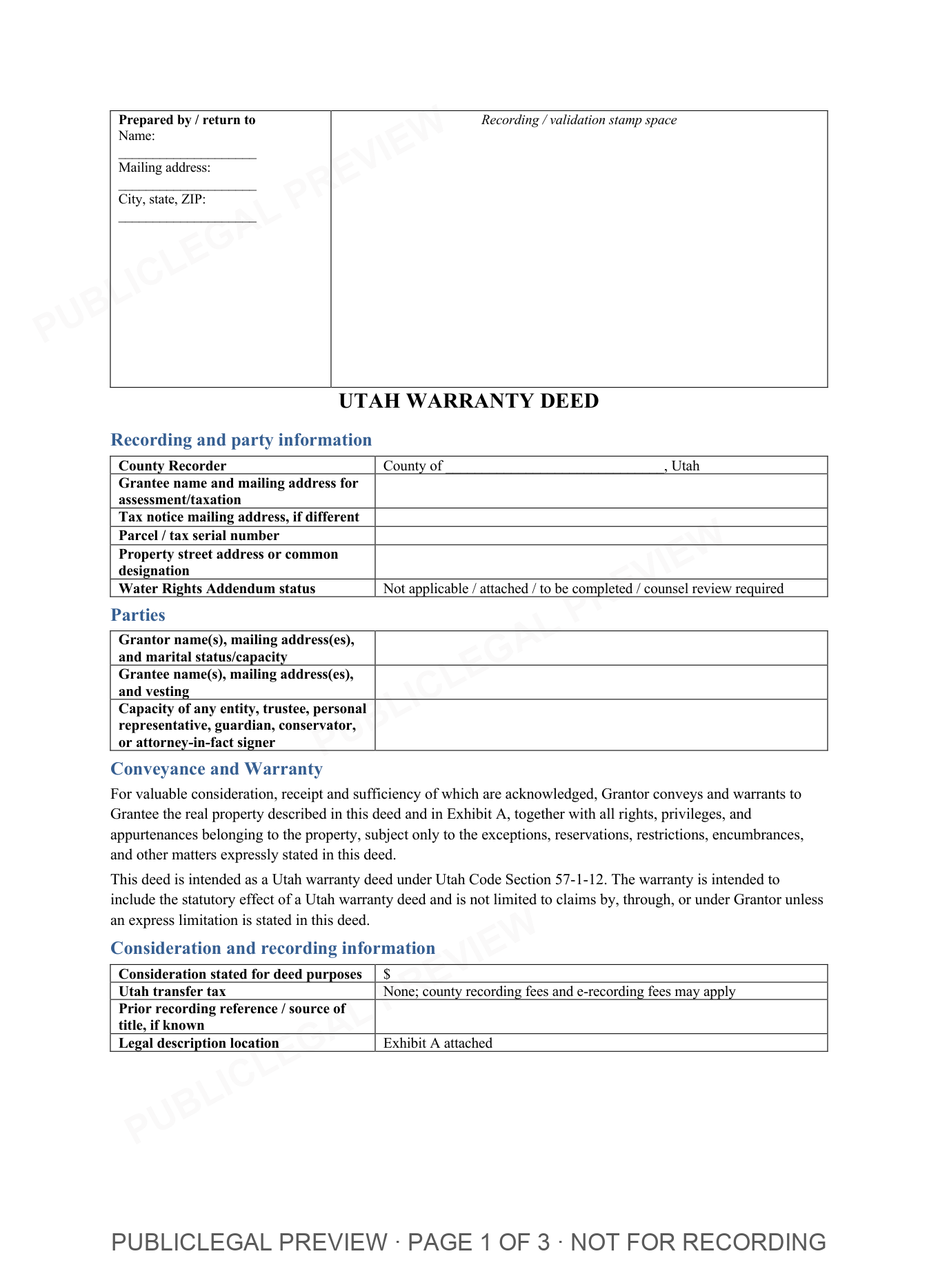 Page 1 of the blank Utah Warranty Deed included in the download
