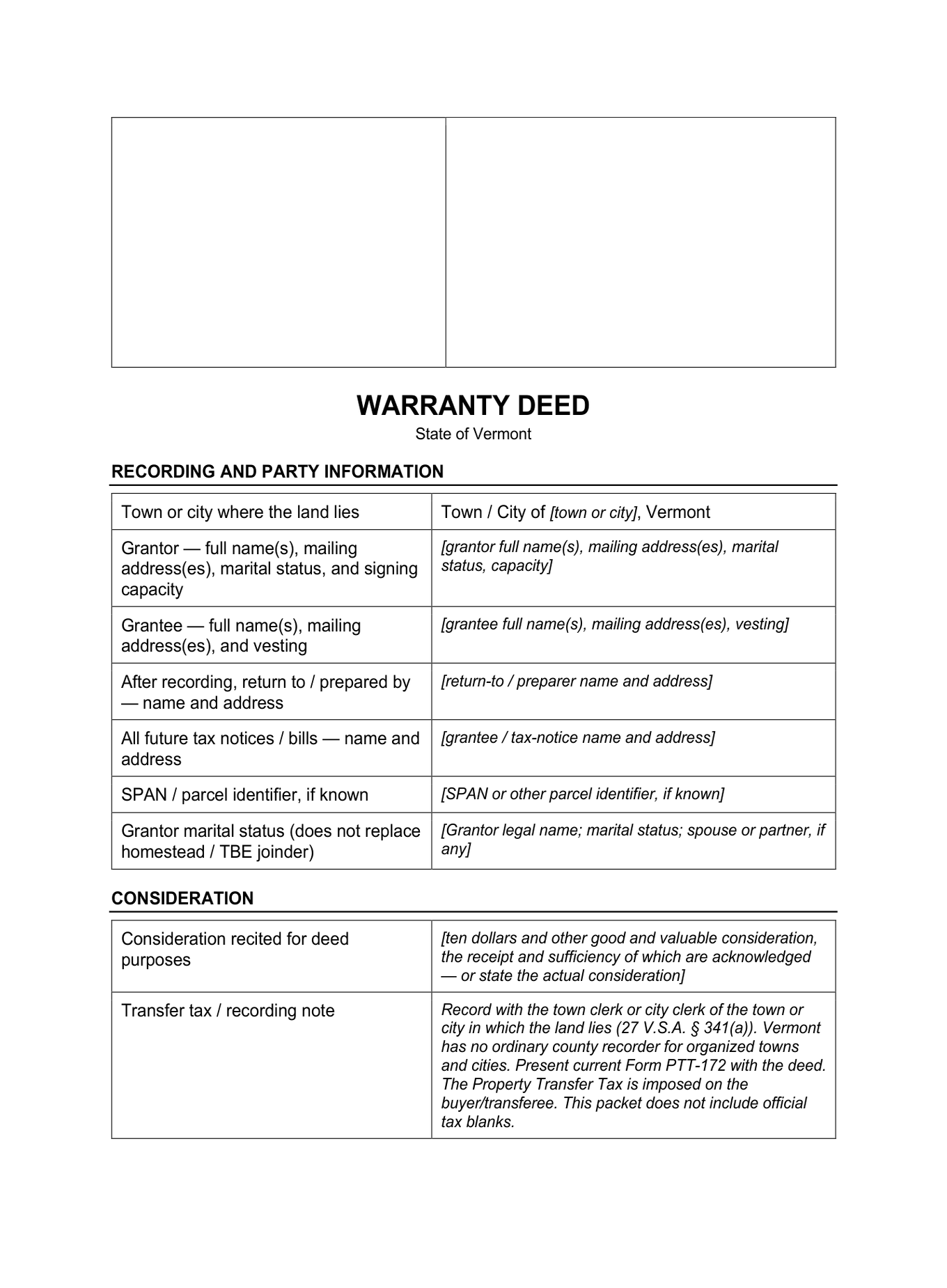 Page 1 of the blank Vermont Warranty Deed included in the download