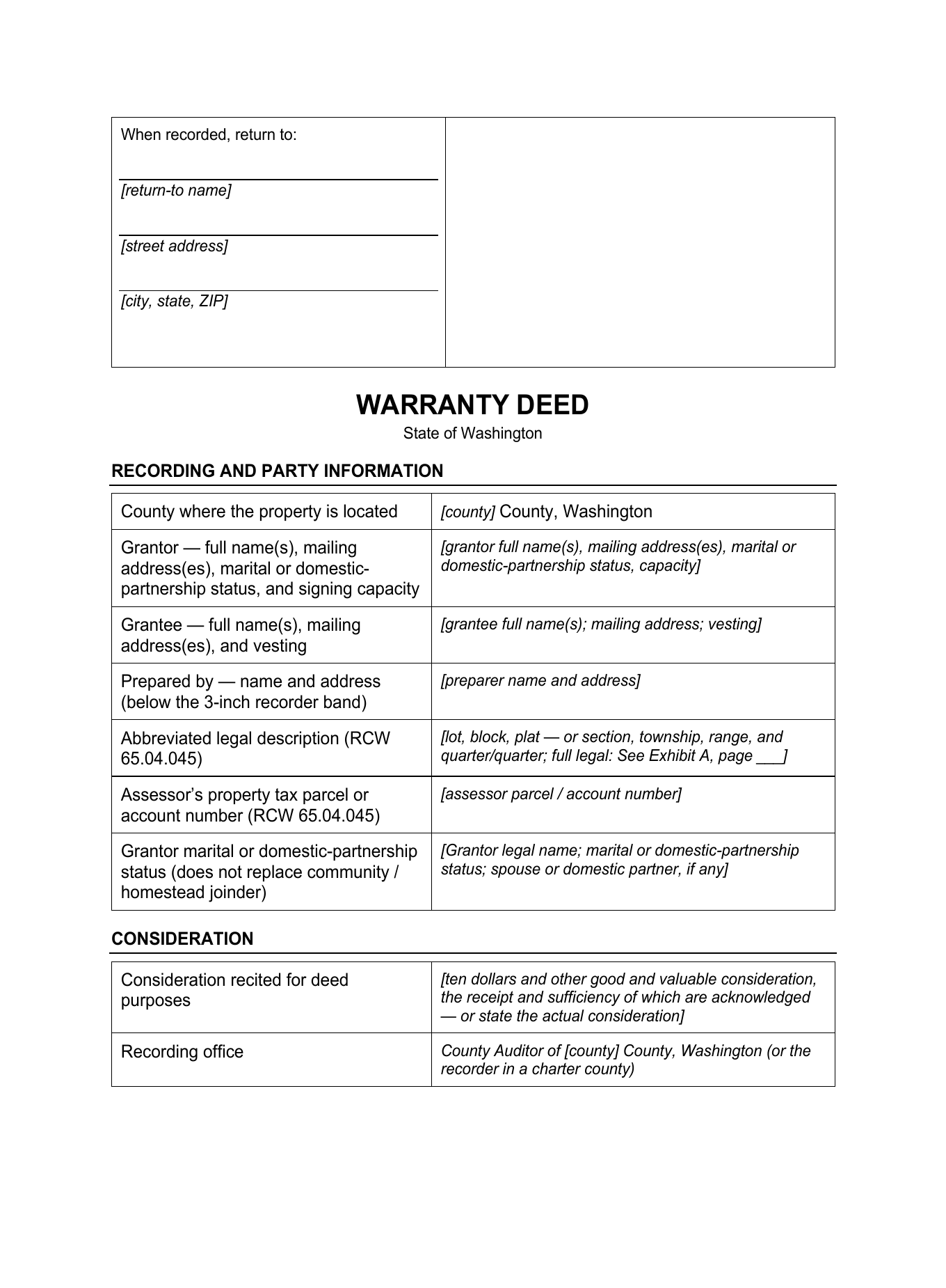 Page 1 of the blank Washington Warranty Deed included in the download