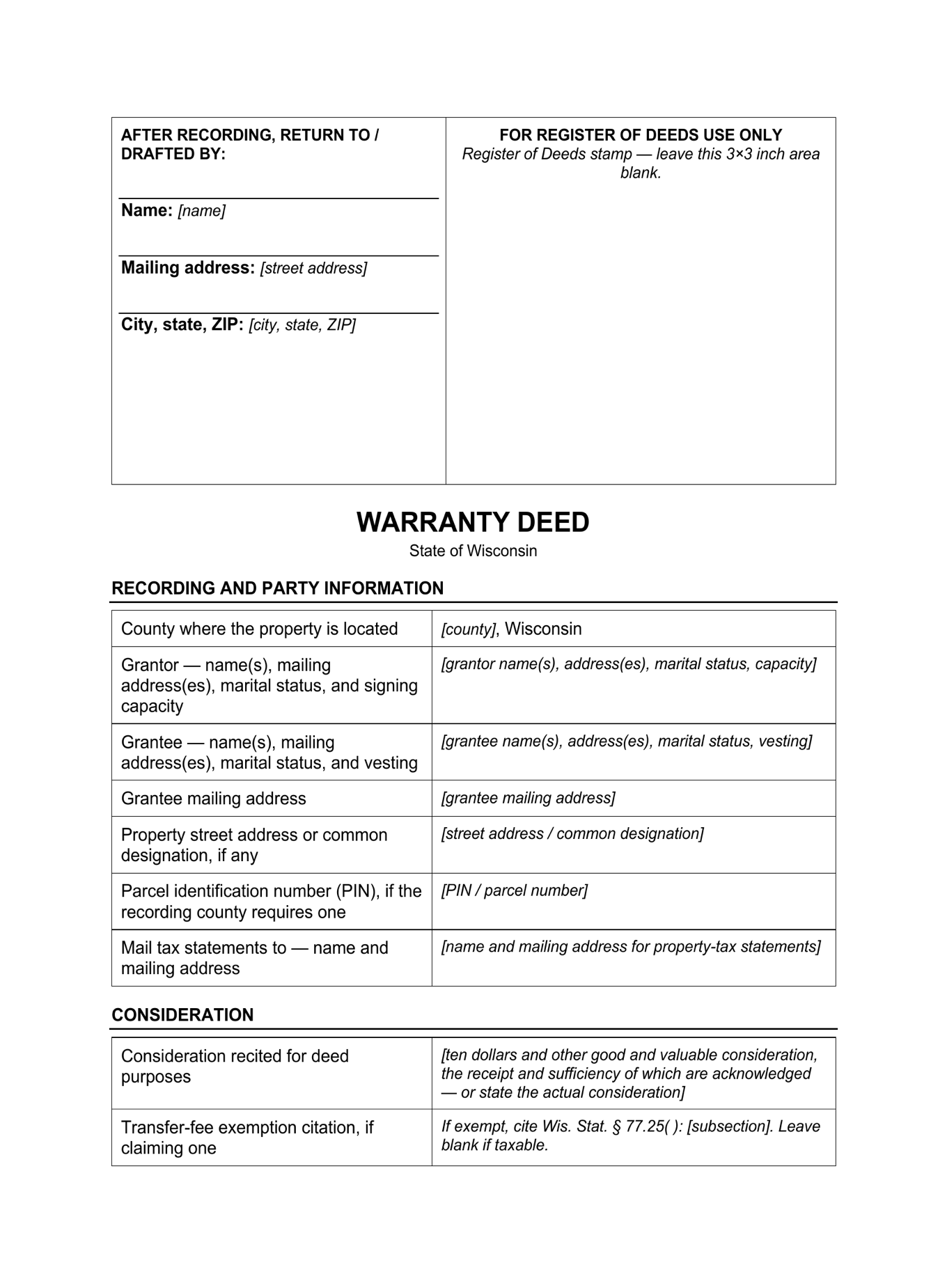 Page 1 of the blank Wisconsin Warranty Deed included in the download