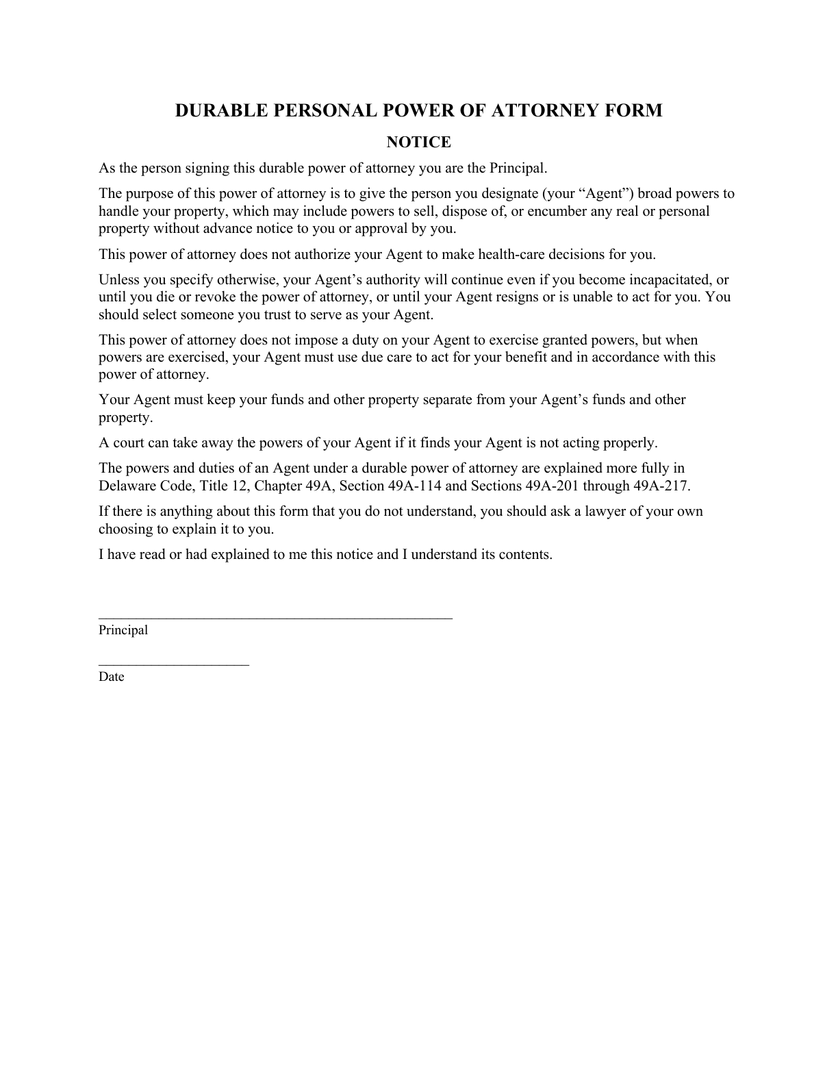 Notice page of the blank Delaware General Durable Power of Attorney for Property & Finances (Upon Disability)