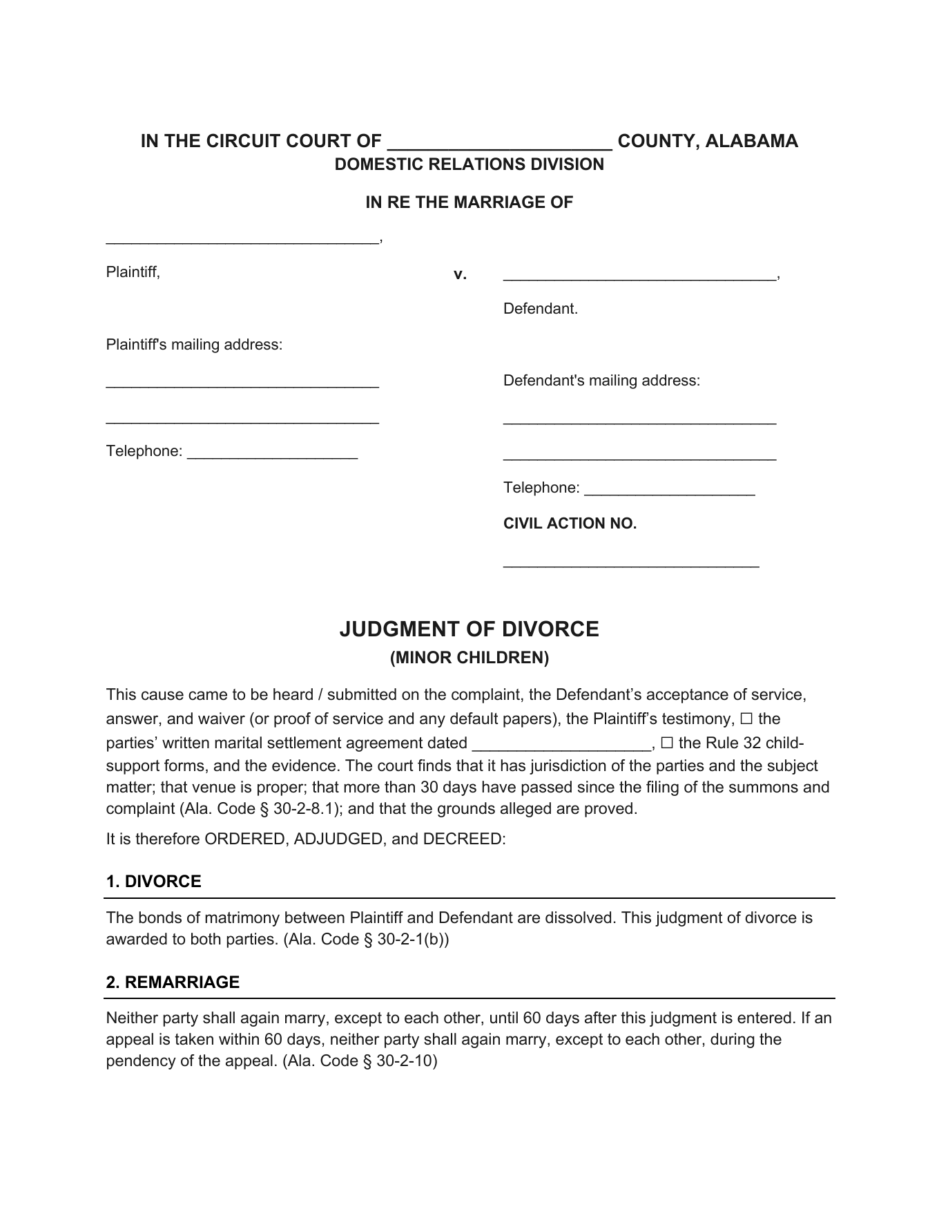 Page 1 of the blank Alabama Judgment of Divorce (Minor Children) included in the download