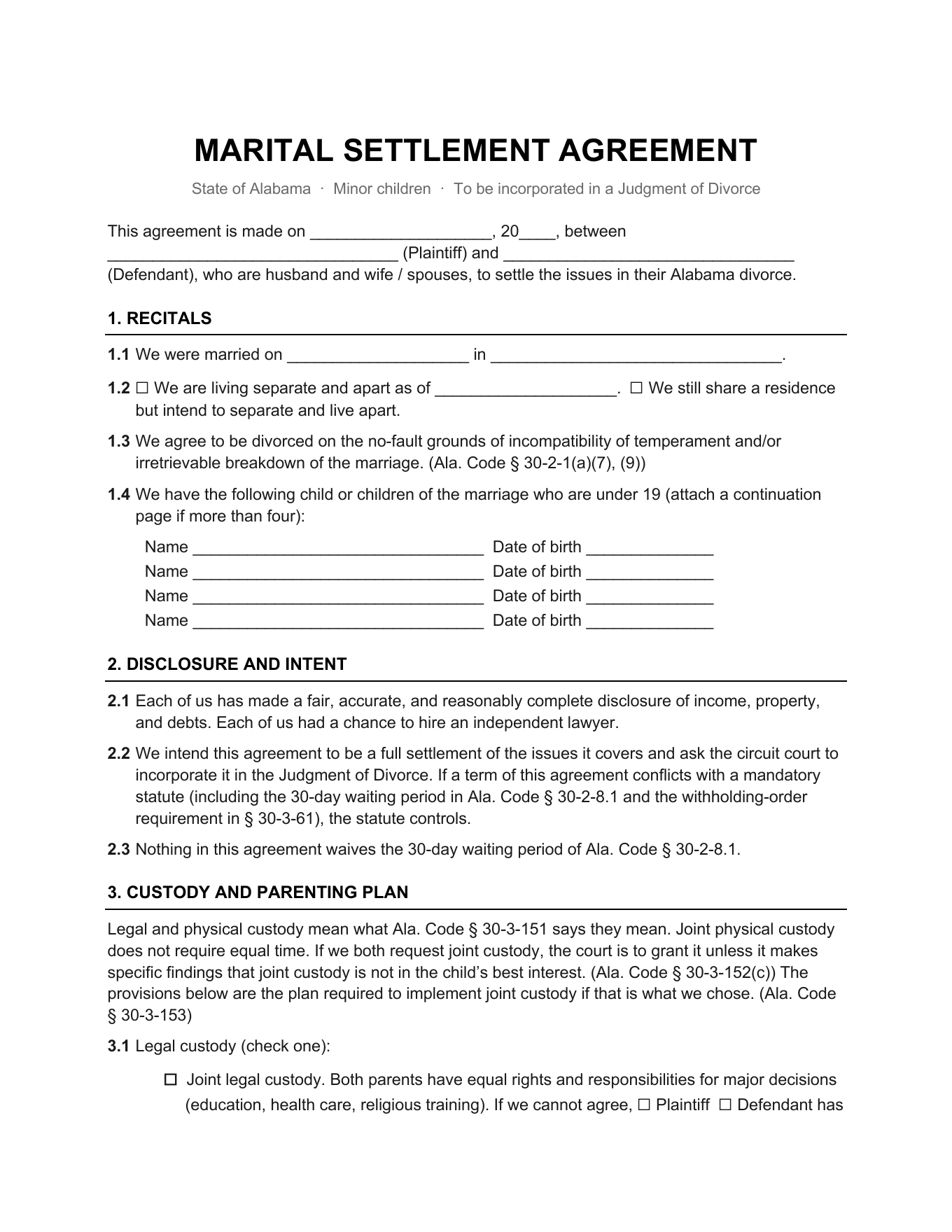 Page 1 of the blank Alabama Marital Settlement Agreement (Minor Children) included in the download