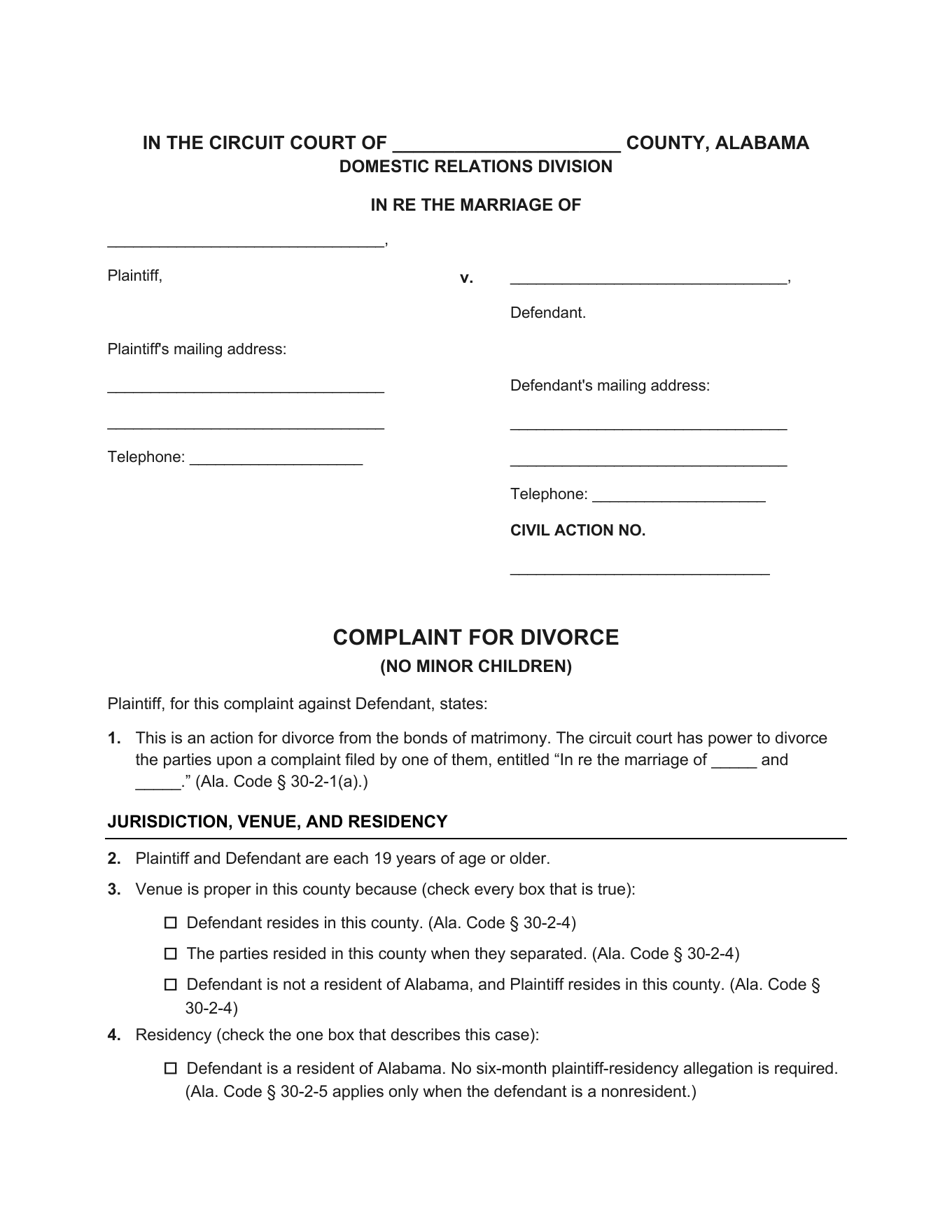 Page 1 of the blank Alabama Complaint for Divorce (No Minor Children) included in the download