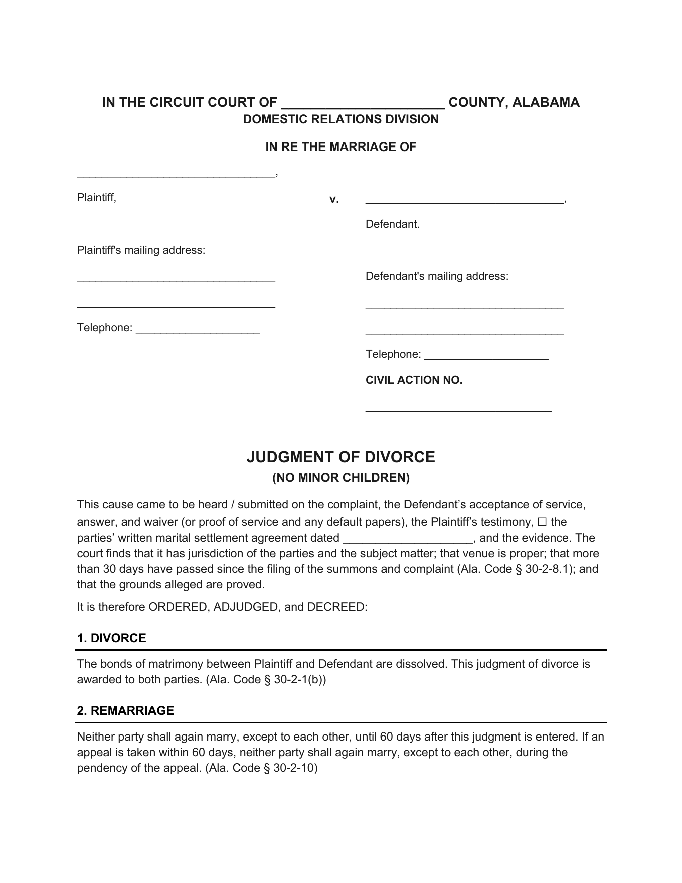 Page 1 of the blank Alabama Judgment of Divorce (No Minor Children) included in the download
