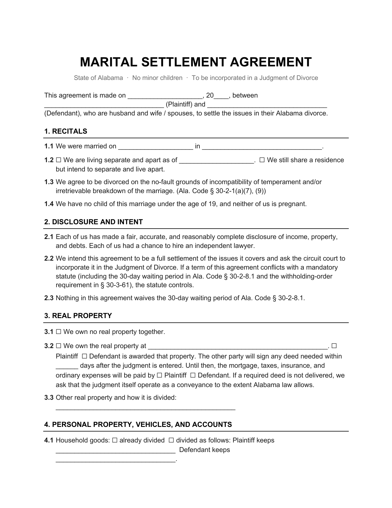 Page 1 of the blank Alabama Marital Settlement Agreement (No Children) included in the download