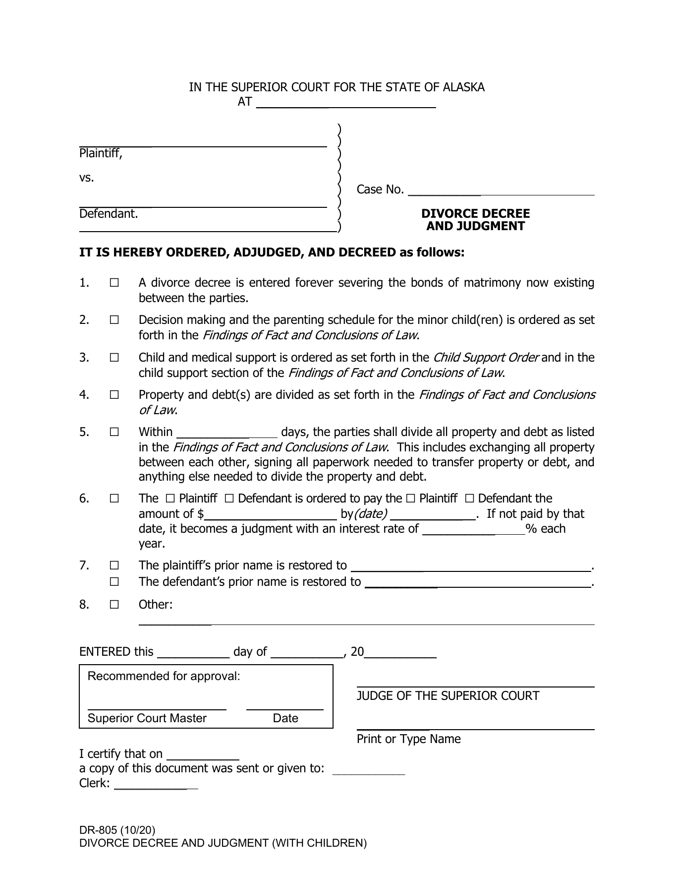 Page 1 of the official Alaska Divorce Decree and Judgment with minor children included in the download