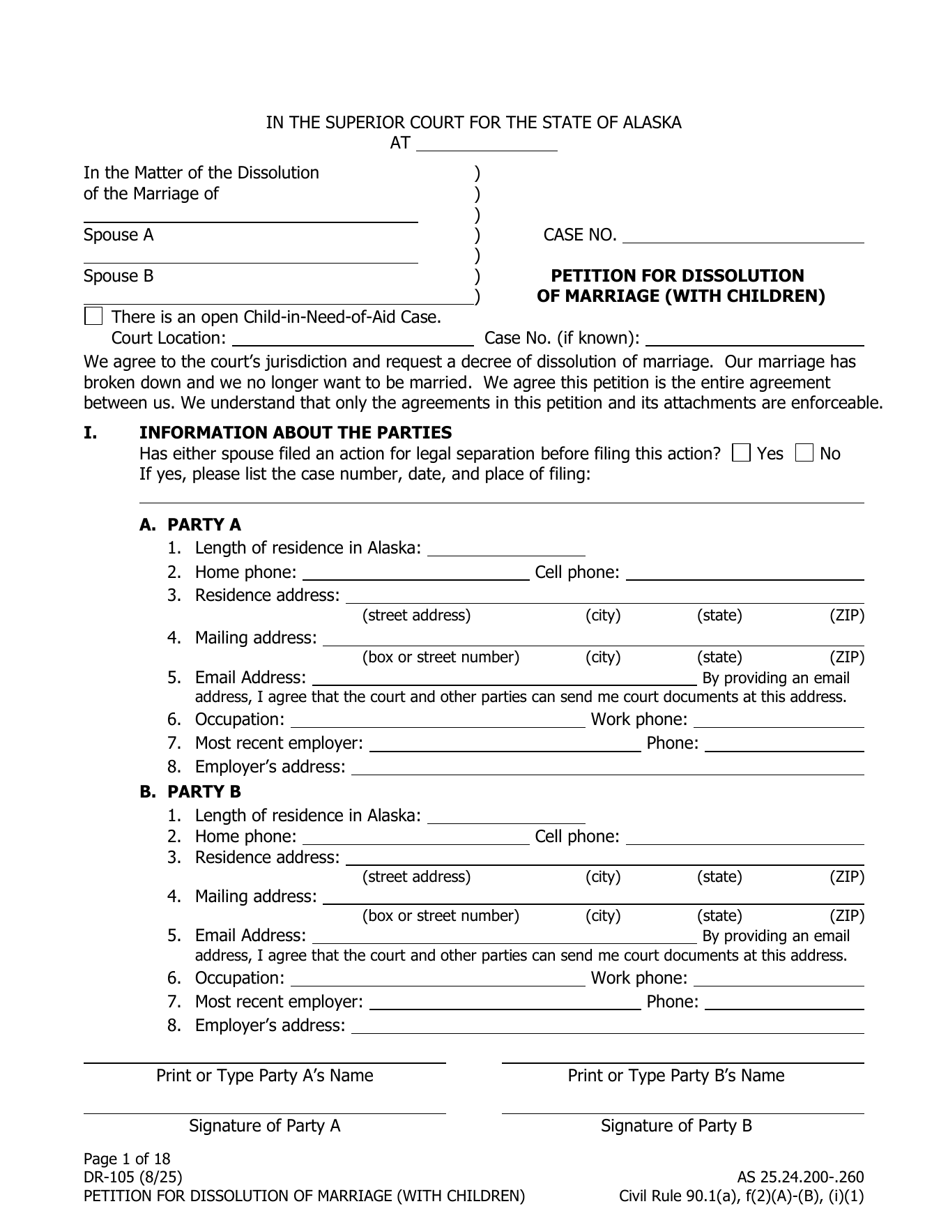 Page 1 of the official Alaska Petition for Dissolution of Marriage with minor children included in the download