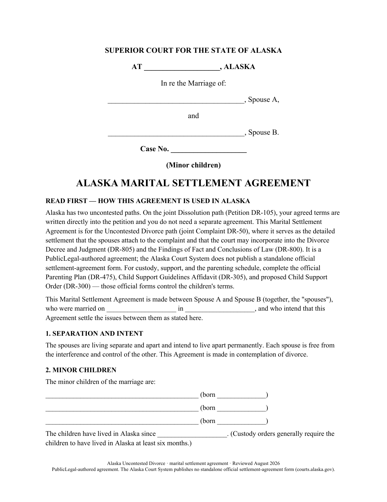 Page 1 of the Alaska Marital Settlement Agreement with minor children included in the download