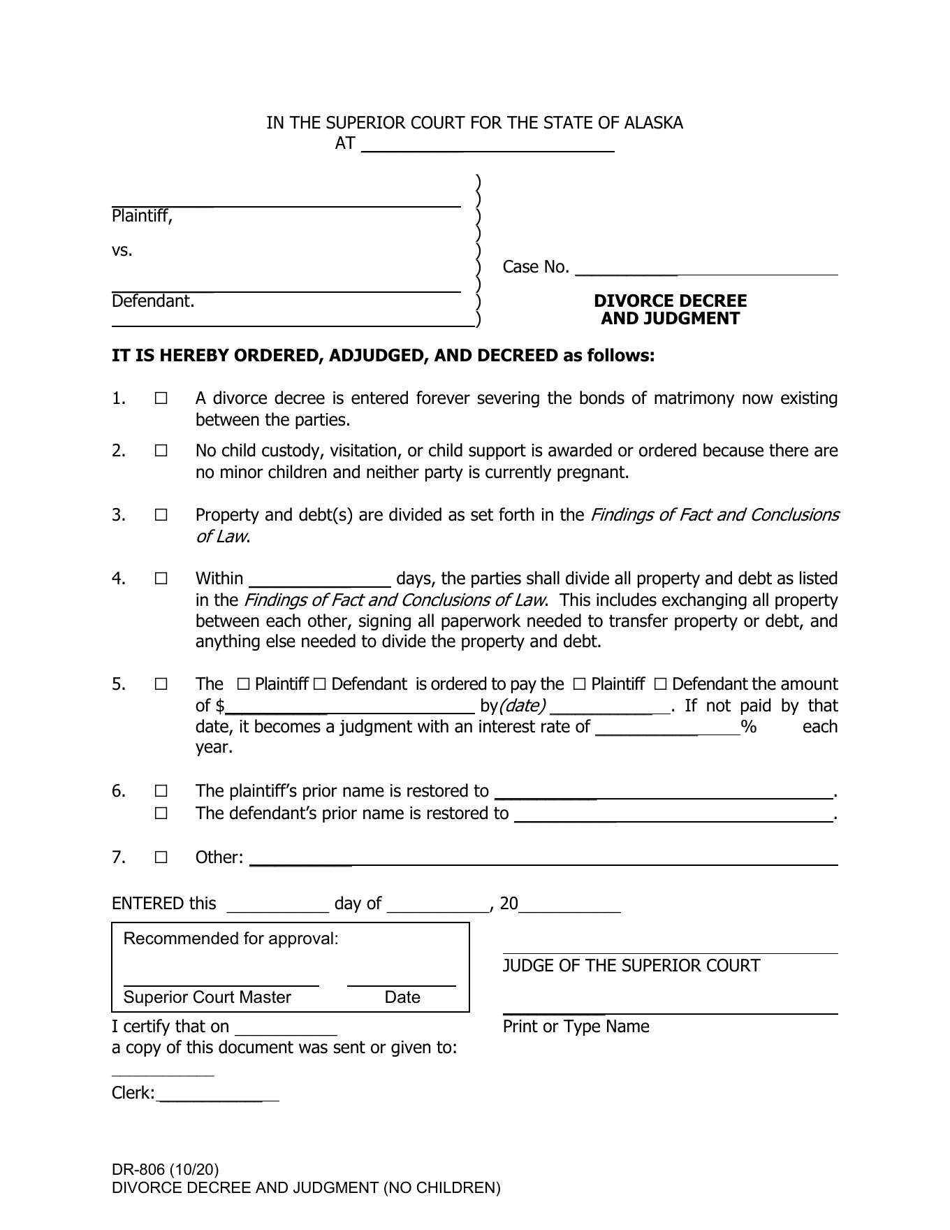 Page 1 of the official Alaska Divorce Decree and Judgment without minor children included in the download
