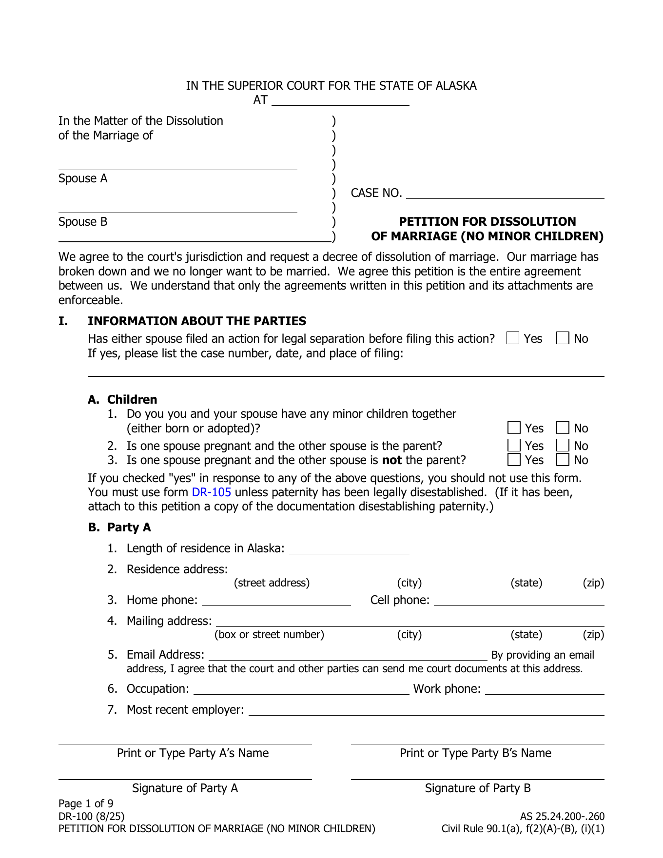 Page 1 of the official Alaska Petition for Dissolution of Marriage without minor children included in the download