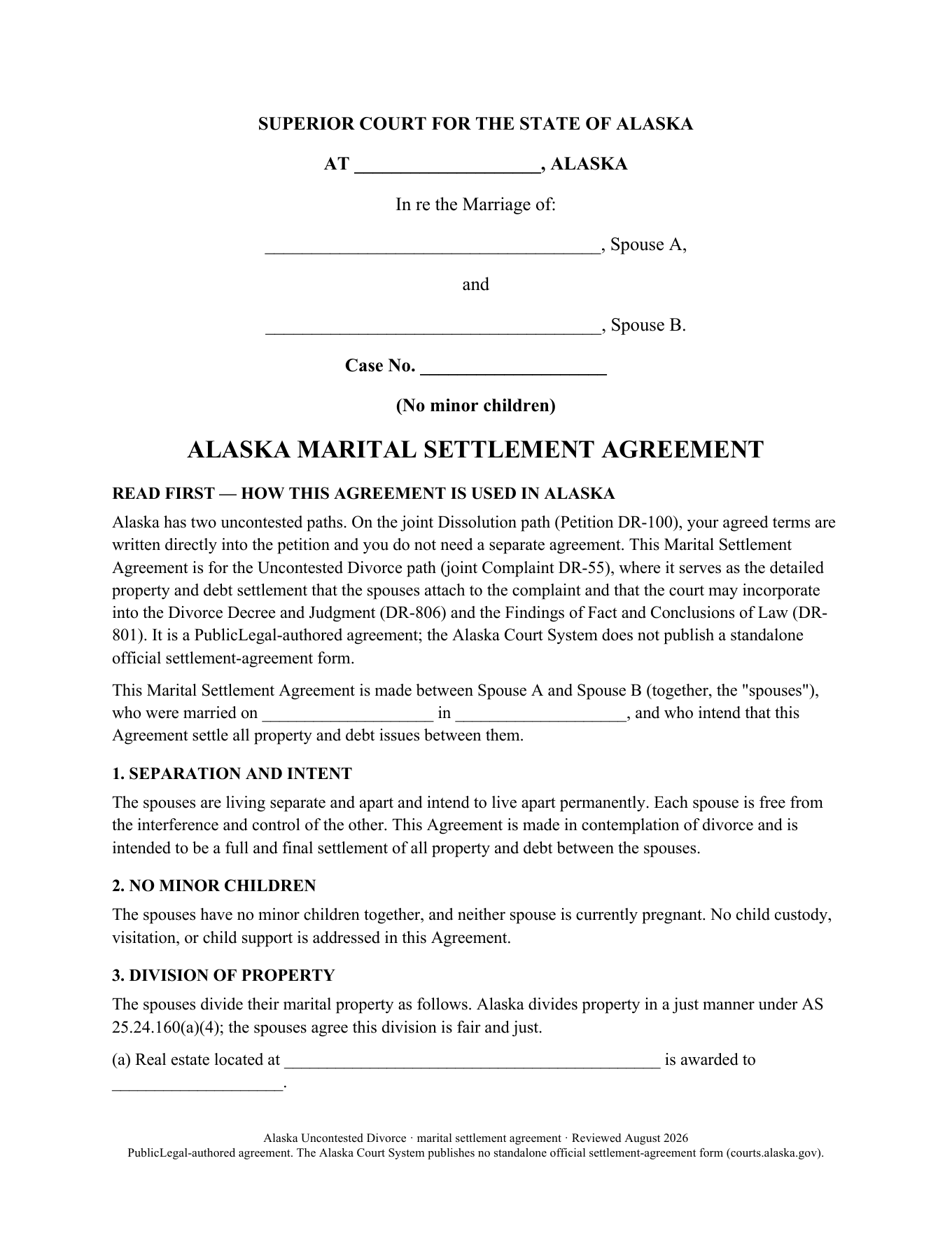 Page 1 of the Alaska Marital Settlement Agreement without minor children included in the download