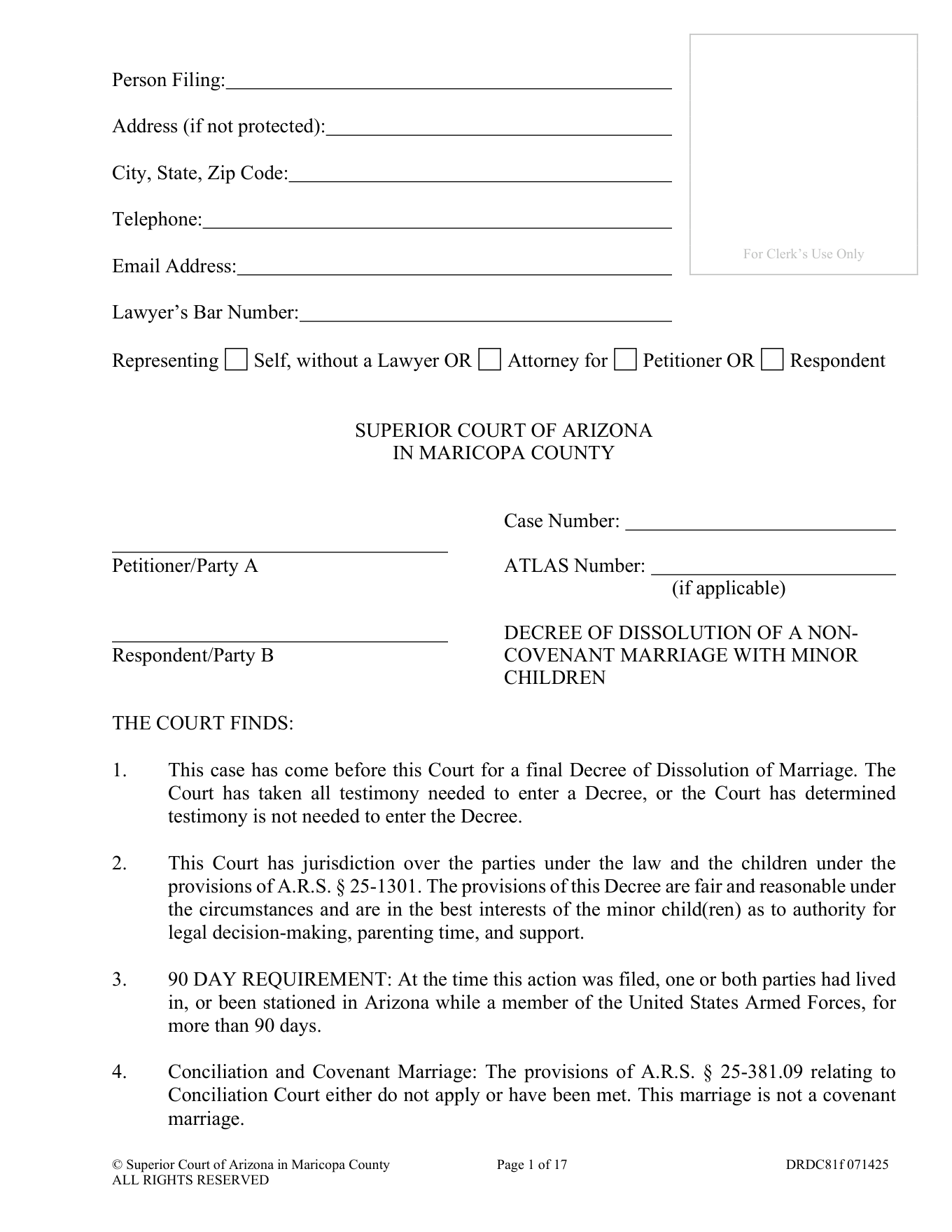 Page 1 of the blank official Arizona Decree of Dissolution (Minor Children) included in the download