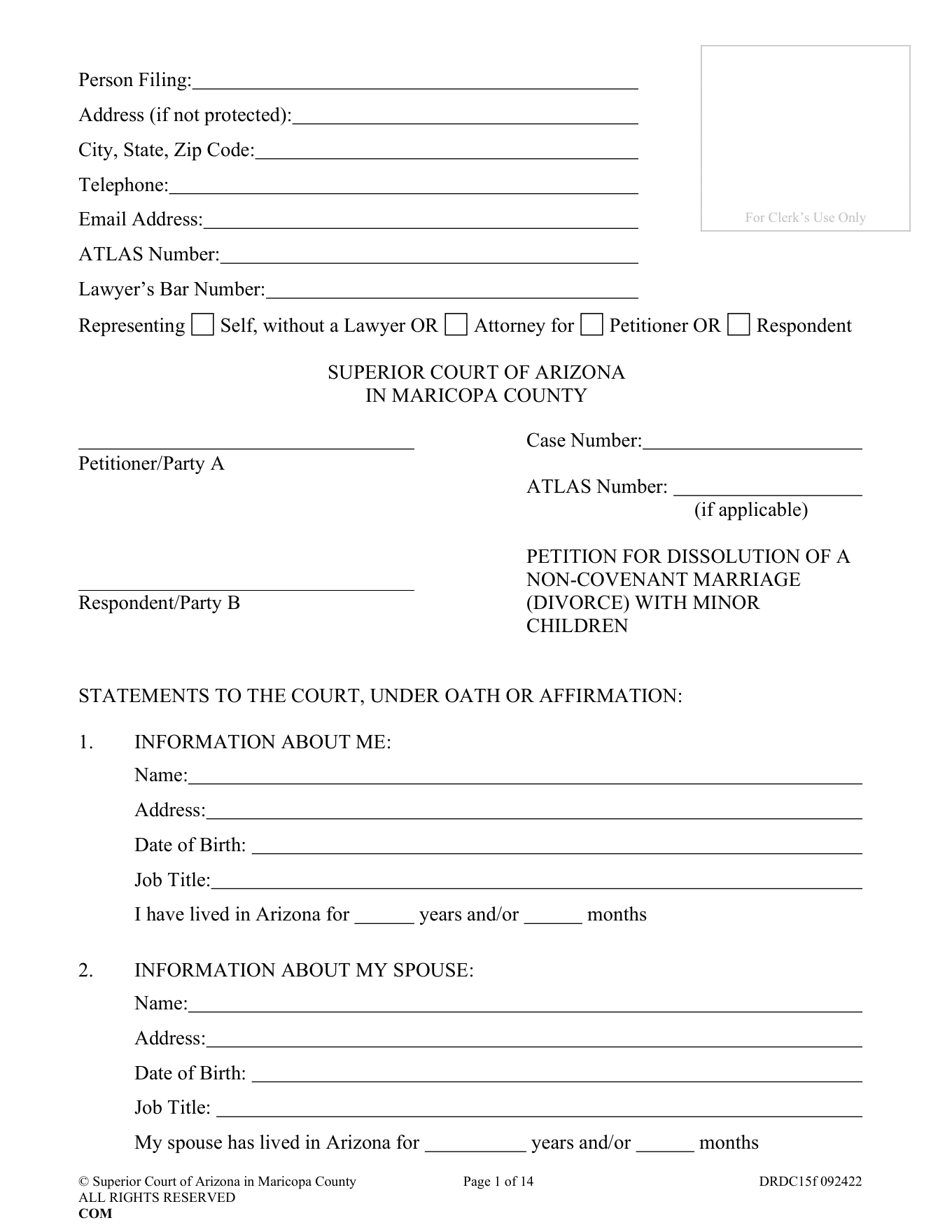 Page 1 of the blank official Arizona Petition for Dissolution (Minor Children) included in the download