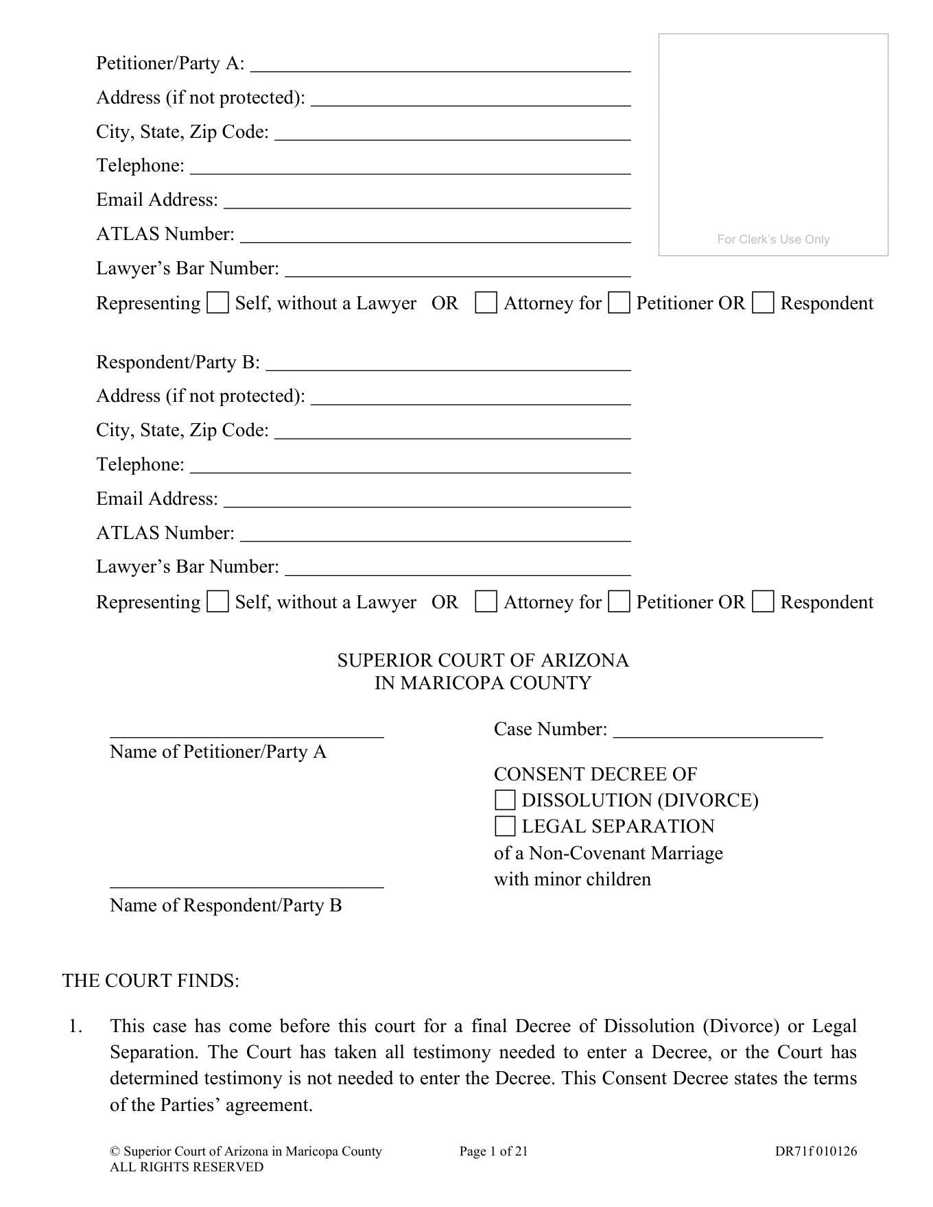 Page 1 of the blank official Arizona Consent Decree (Minor Children) included in the download