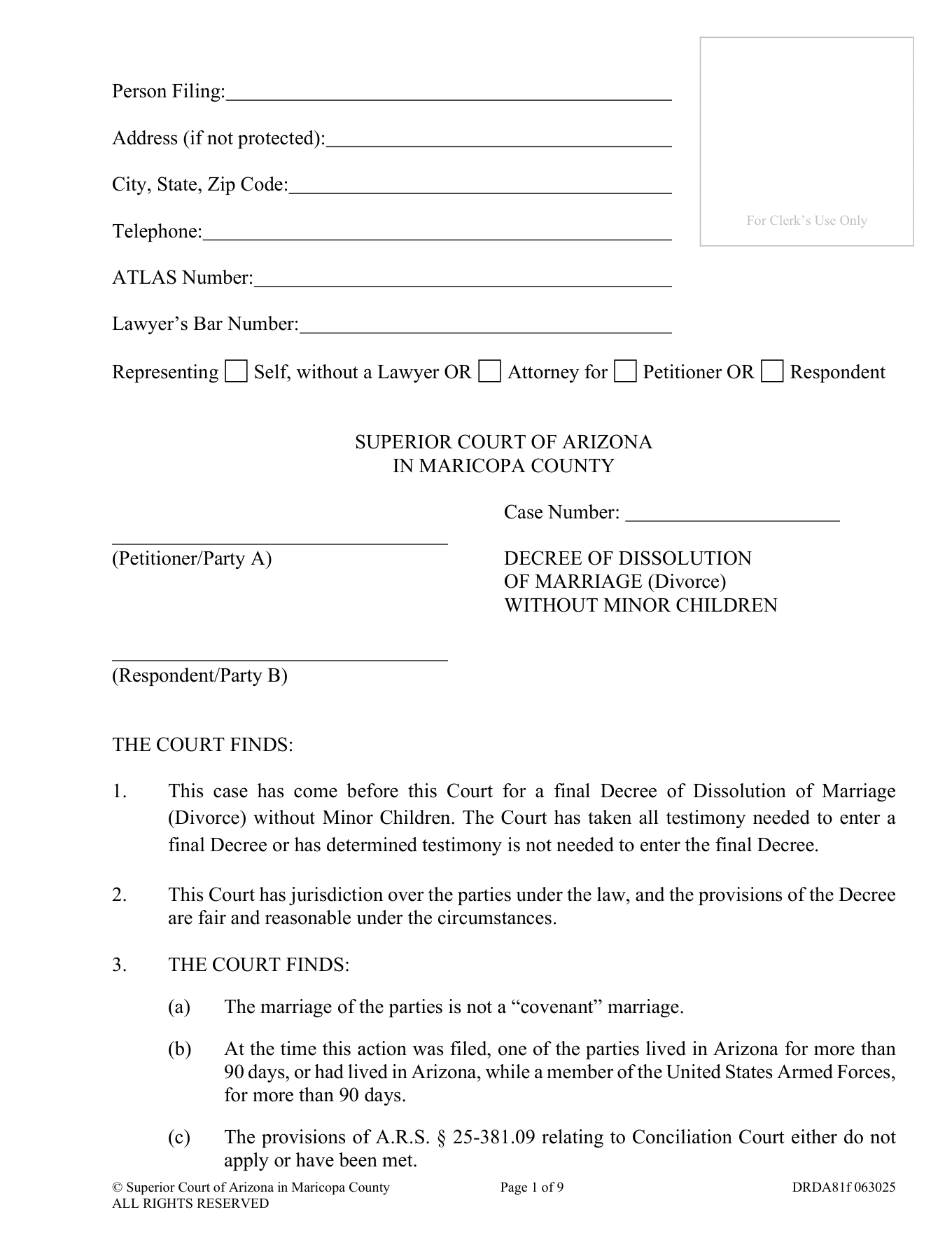 Page 1 of the blank official Arizona Decree of Dissolution included in the download