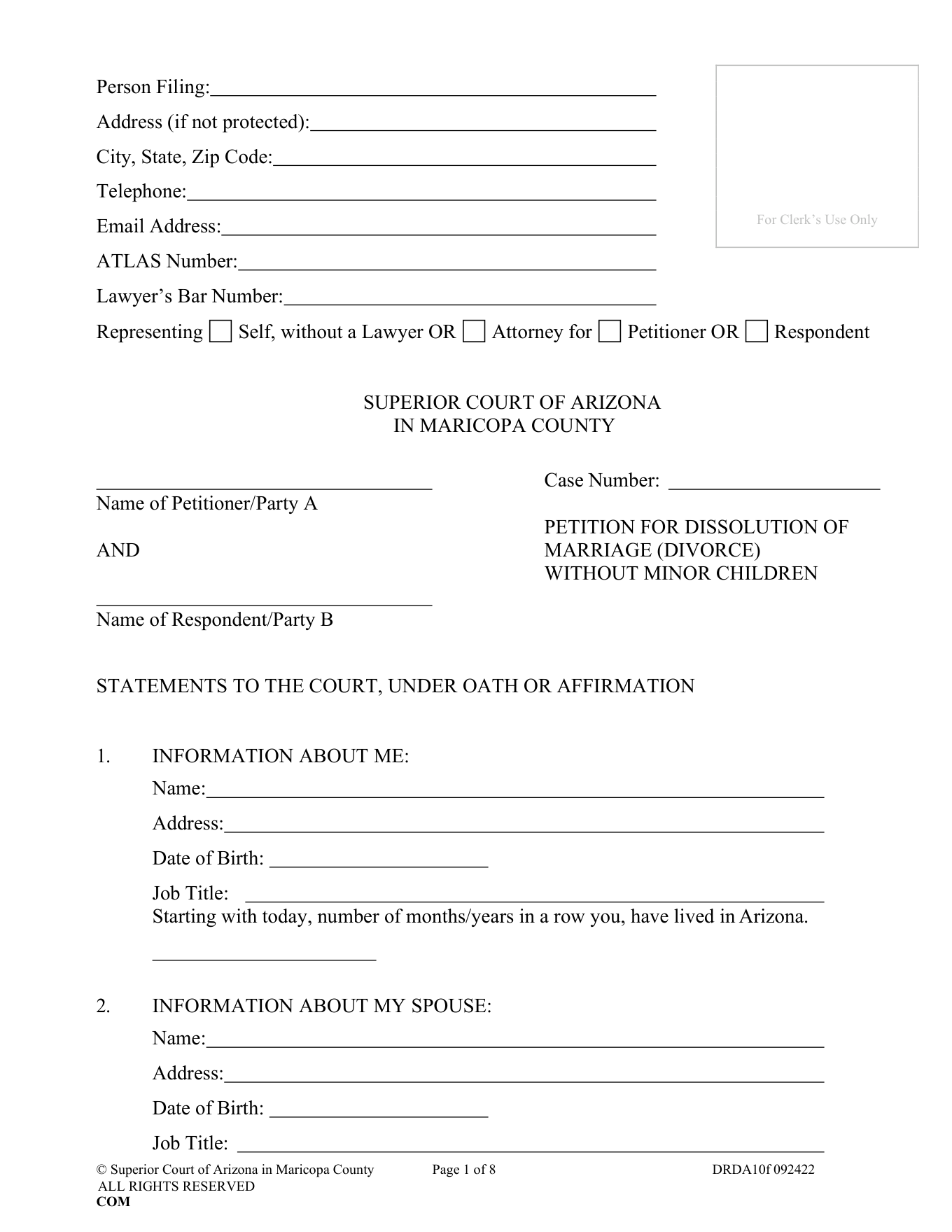 Page 1 of the blank official Arizona Petition for Dissolution included in the download