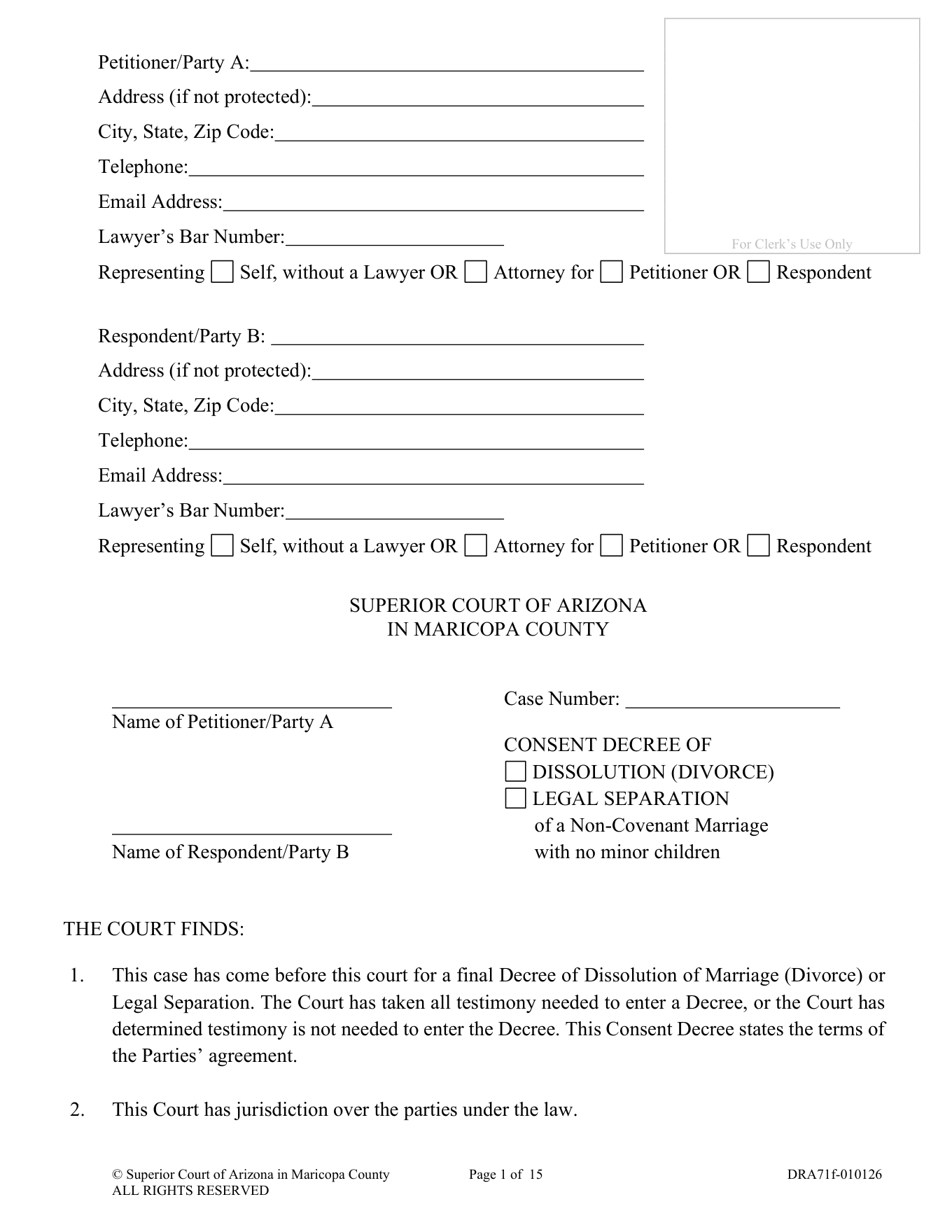 Page 1 of the blank official Arizona Consent Decree included in the download