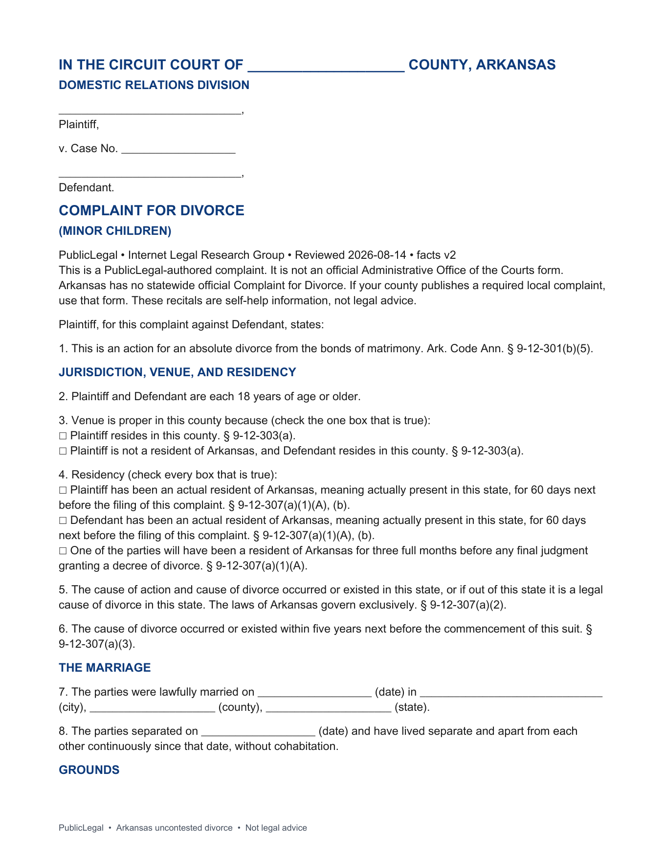 Page 1 of the PublicLegal Arkansas Complaint for Divorce (Minor Children) included in the download